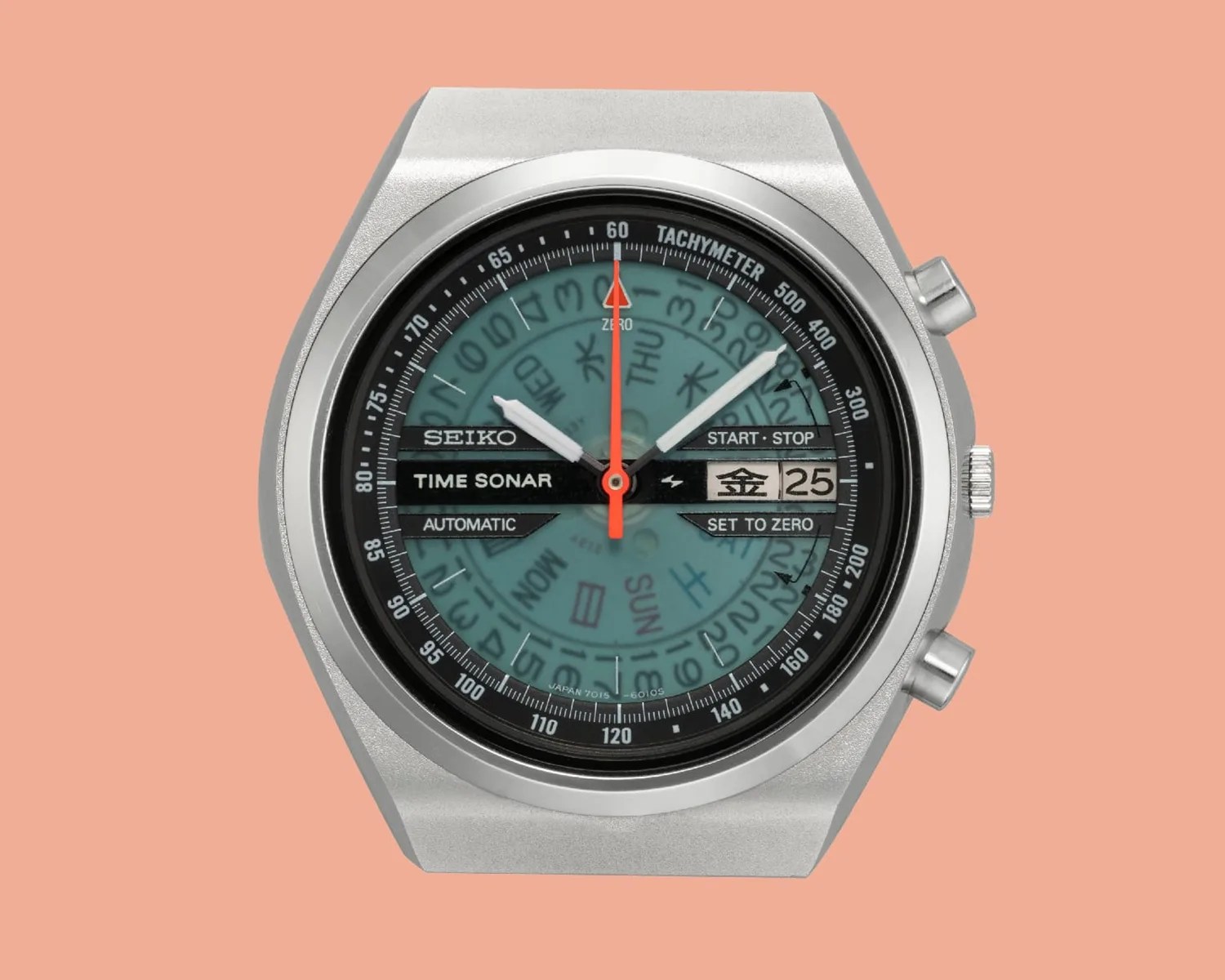 Silver Seiko Time Sonar automatic watch with black tachymeter bezel and translucent blue dial showing day and date.