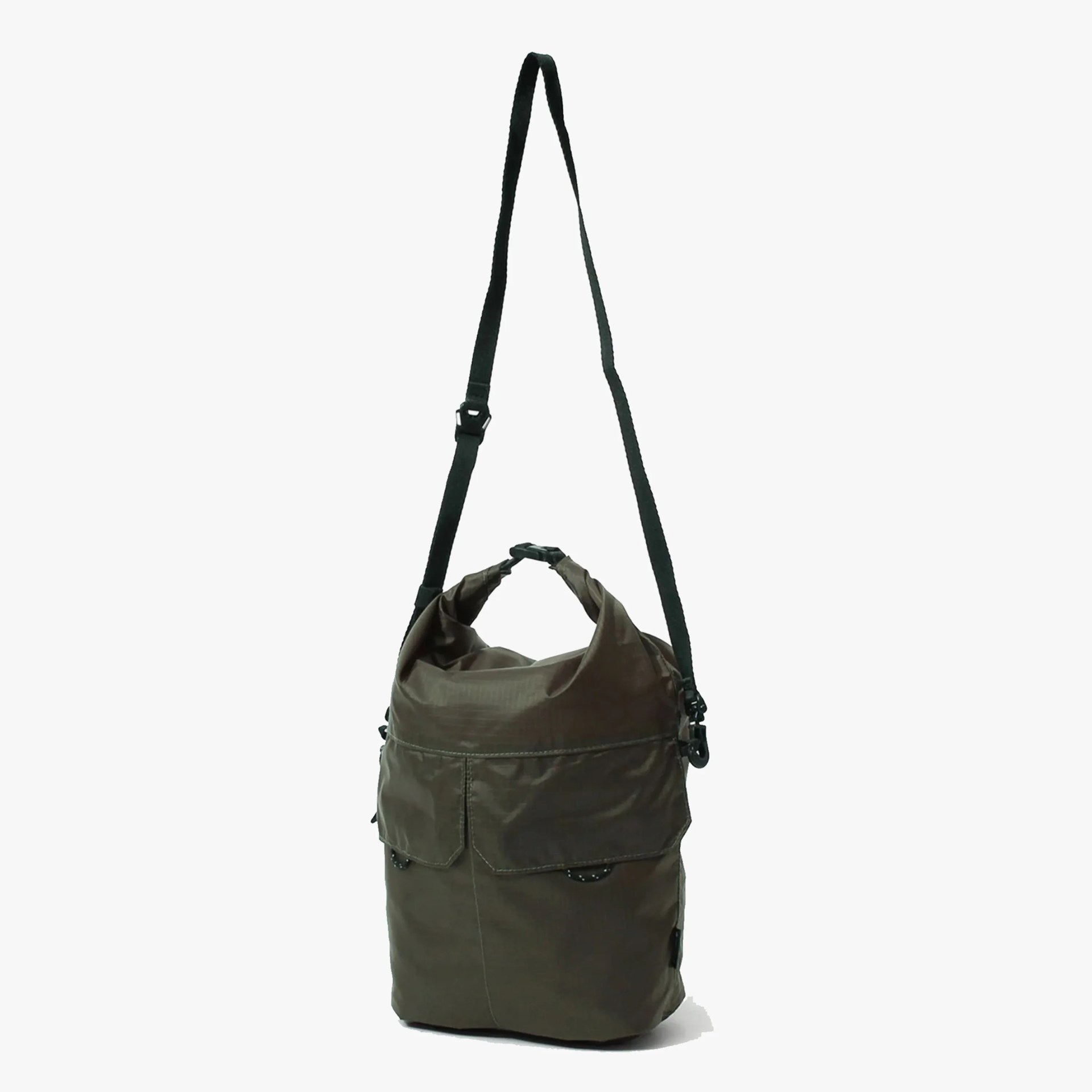 Olive green roll-top shoulder bag with black adjustable strap and front flap pockets.