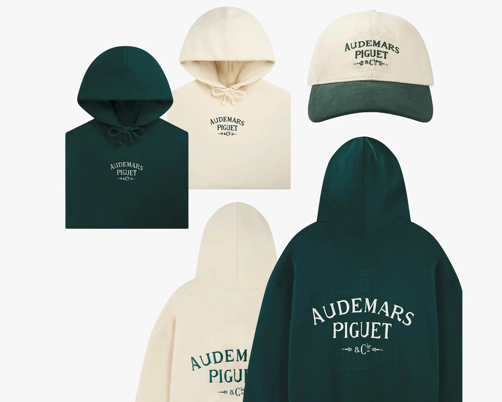 Two hoodies, one dark green and one cream, both with "Audemars Piguet & Cie" text on front and back, and a cream and green cap with the same text.