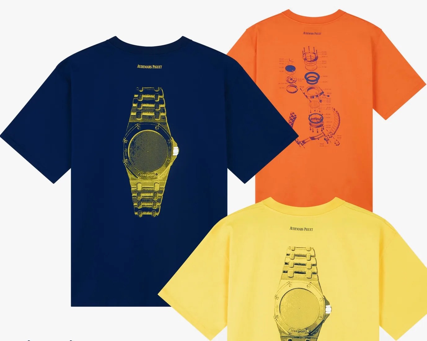 Three short-sleeve T-shirts in navy, orange, and yellow with Audemars Piguet watch designs printed on the back.