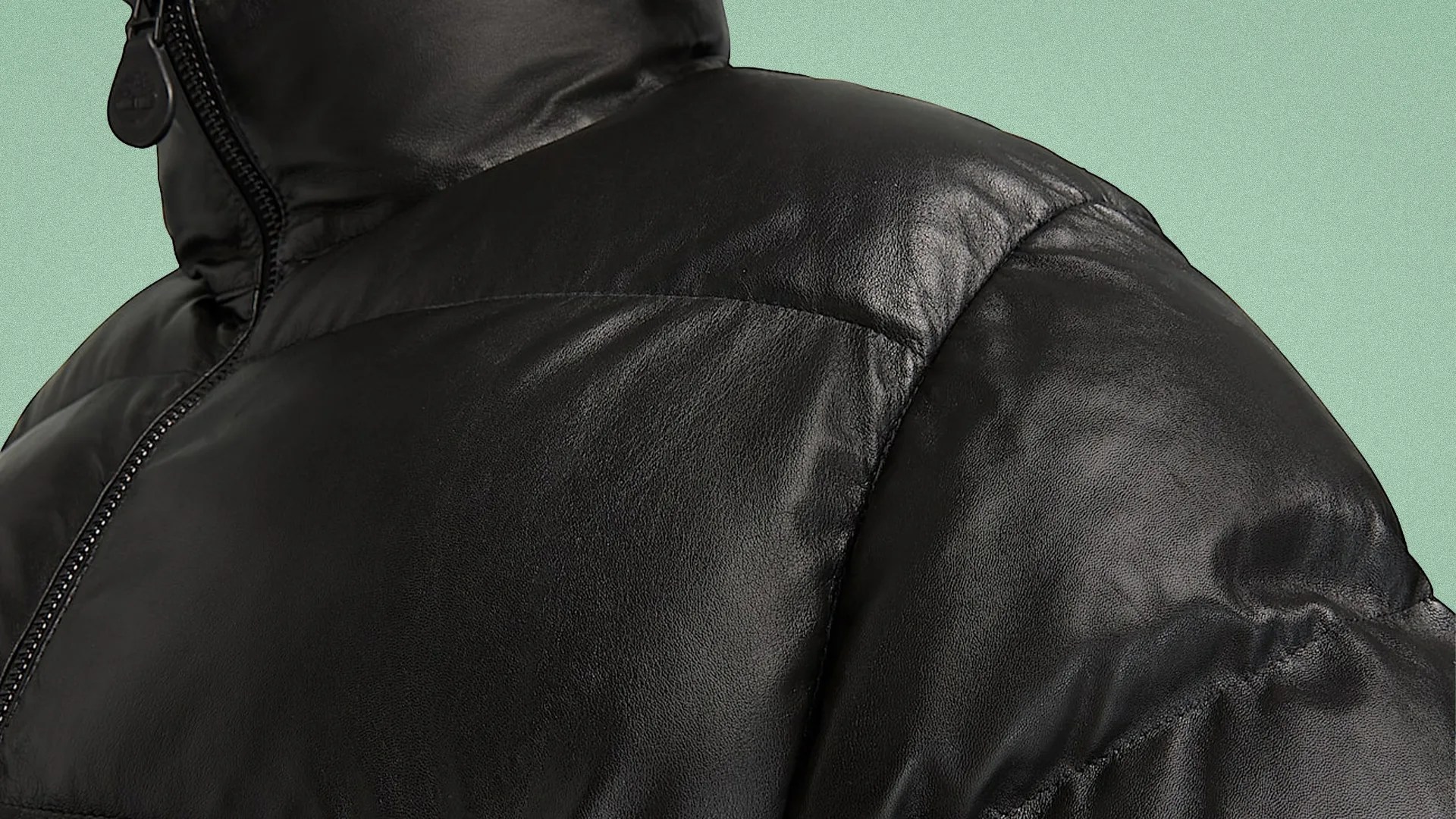 Close-up of a black leather puffer jacket with a zipper and padded stitching on a green background.