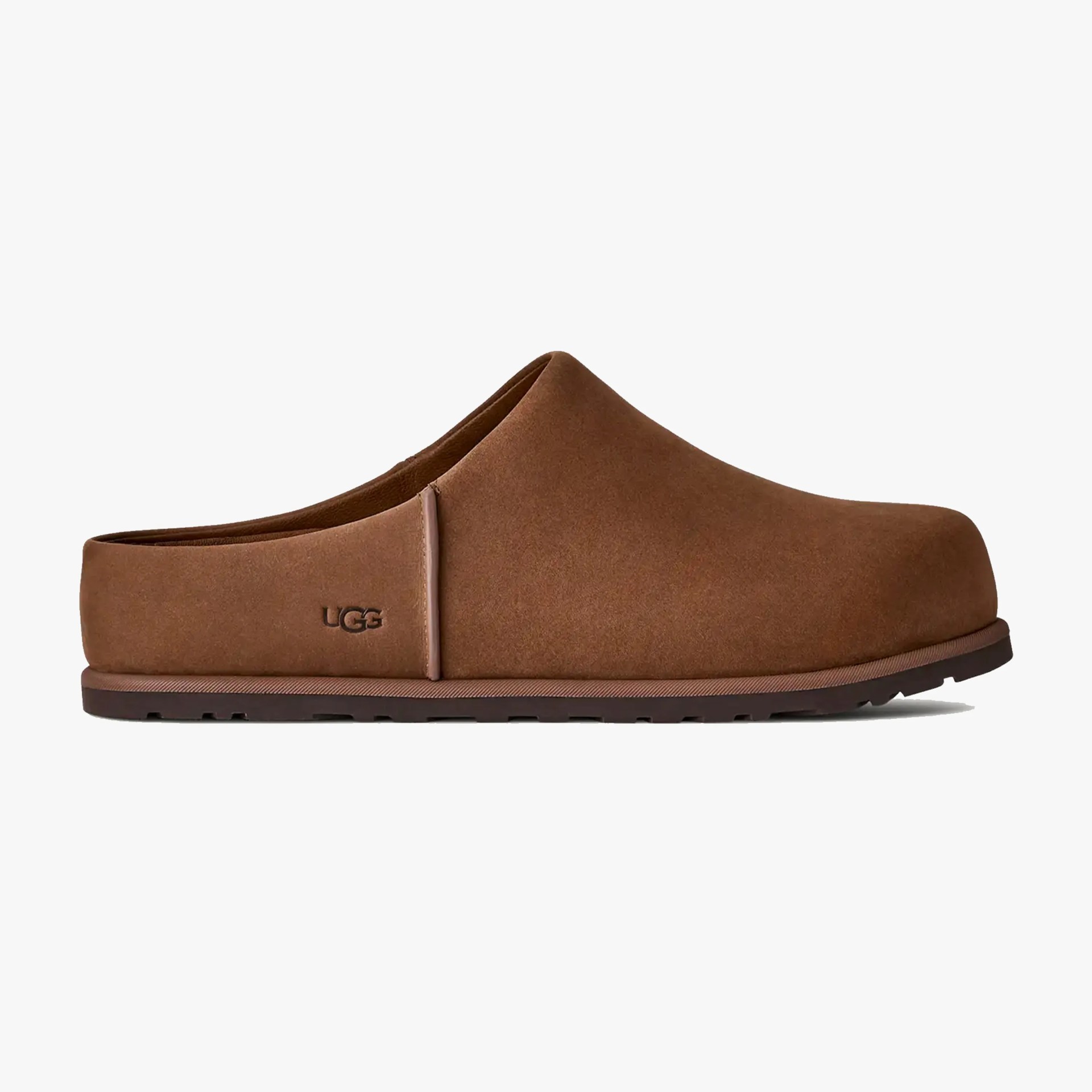 Brown suede UGG slip-on clog with a low back and rubber sole.