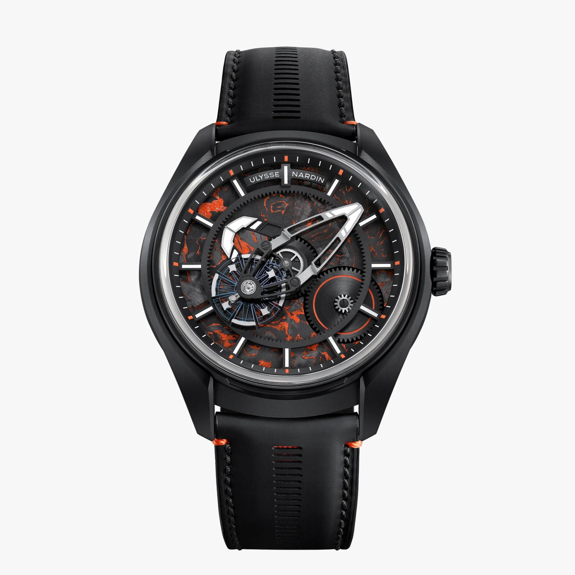 Black Ulysse Nardin wristwatch with exposed gears and orange marbled dial, paired with a black leather strap.