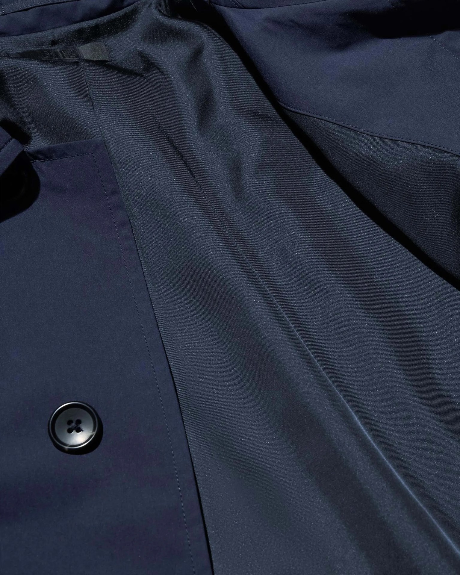 Close-up of a dark navy coat showing a black button and smooth fabric texture.