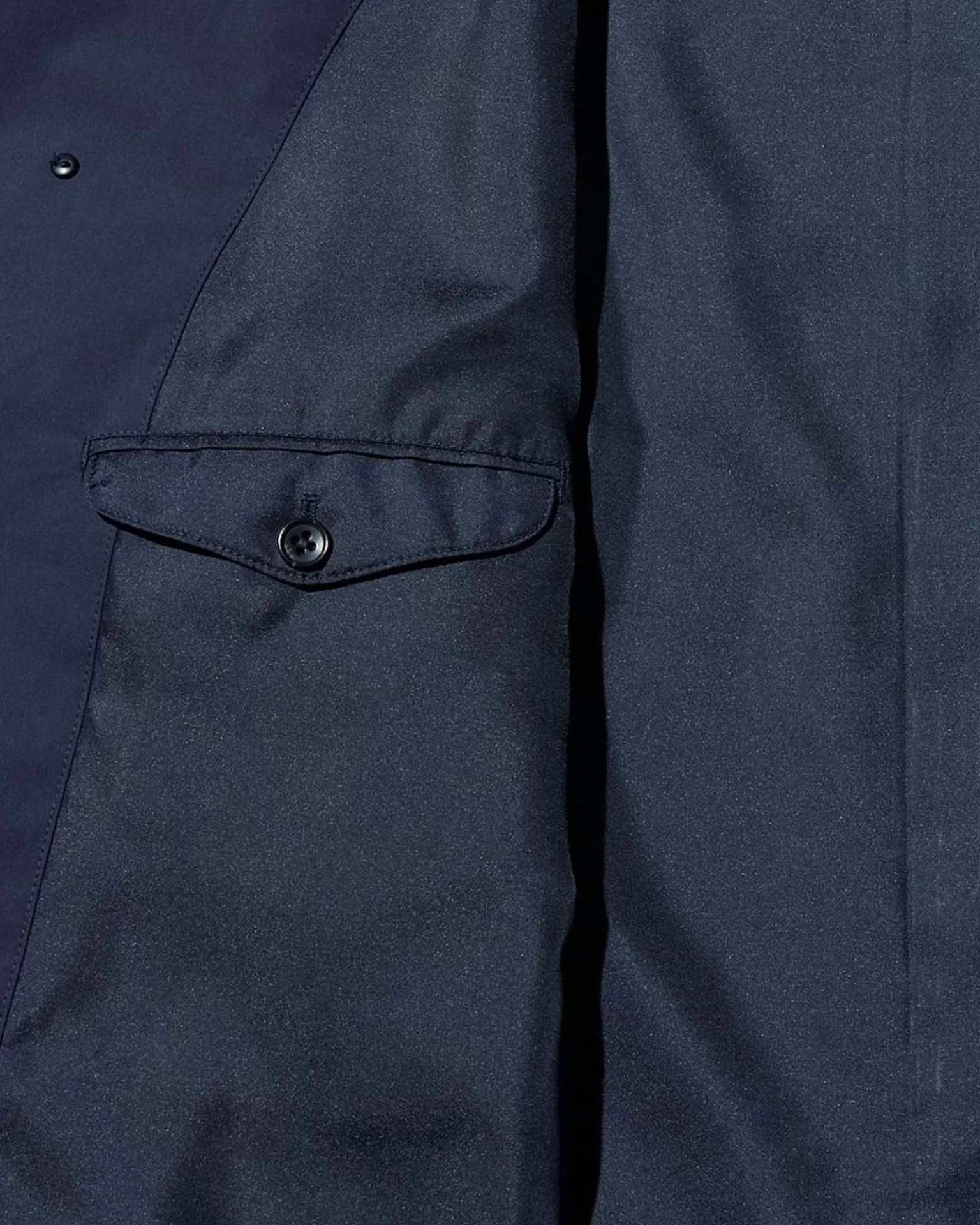 Close-up of a dark navy jacket pocket with a buttoned flap.