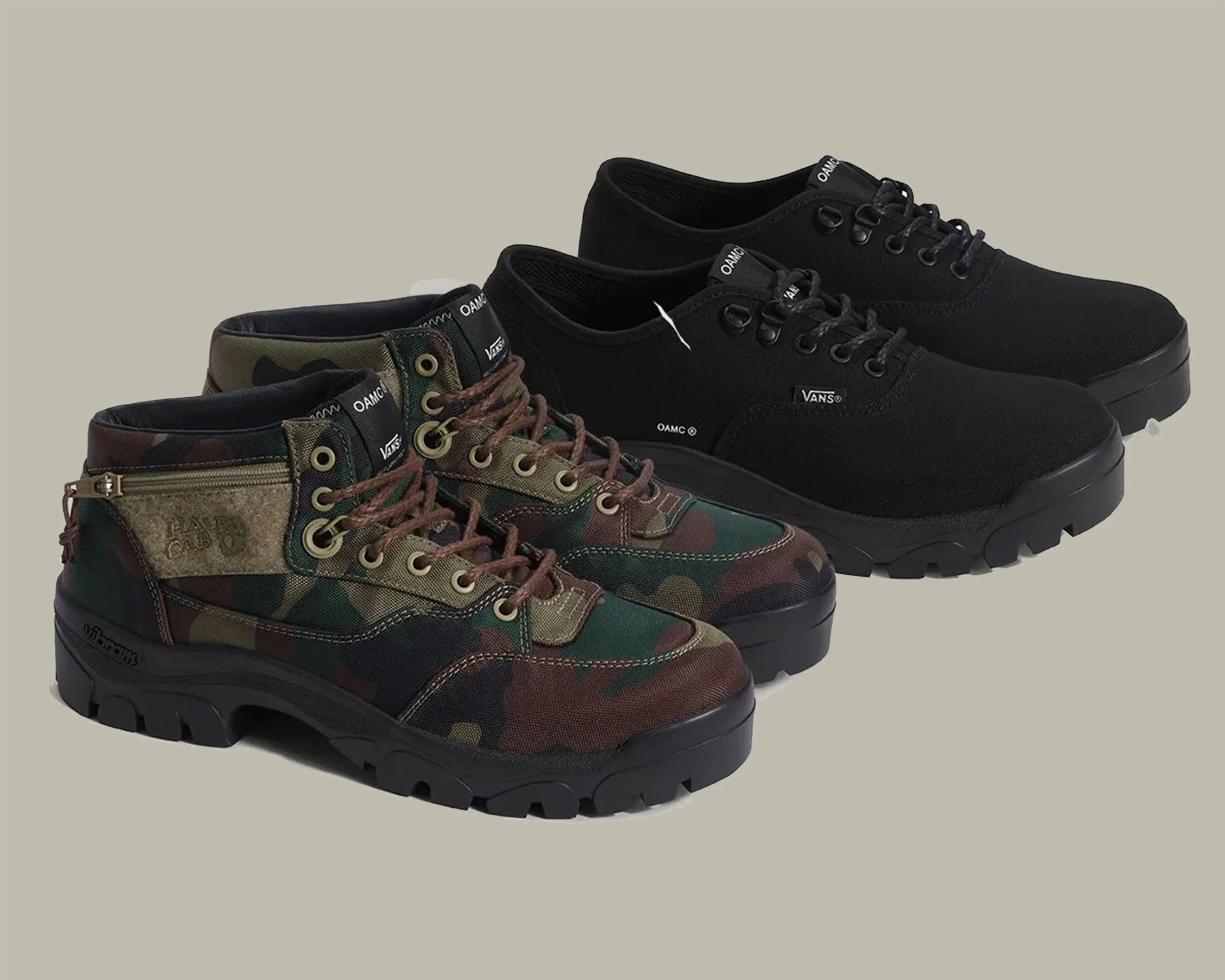 Pair of black low-top Vans shoes with rugged soles next to camouflage-patterned high-top boots with brown laces and black soles.