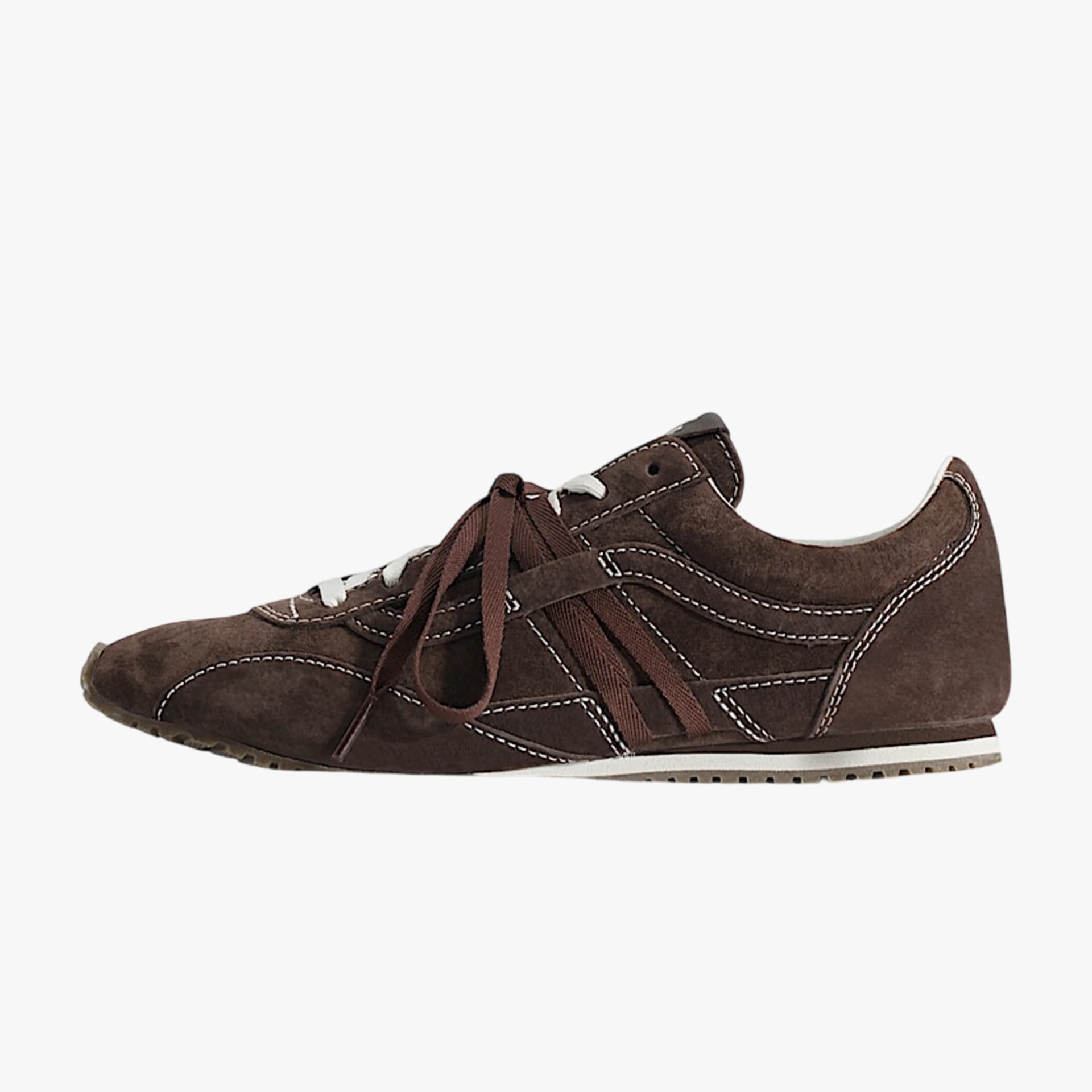 Brown suede sneaker with white stitching and brown laces on a white background.