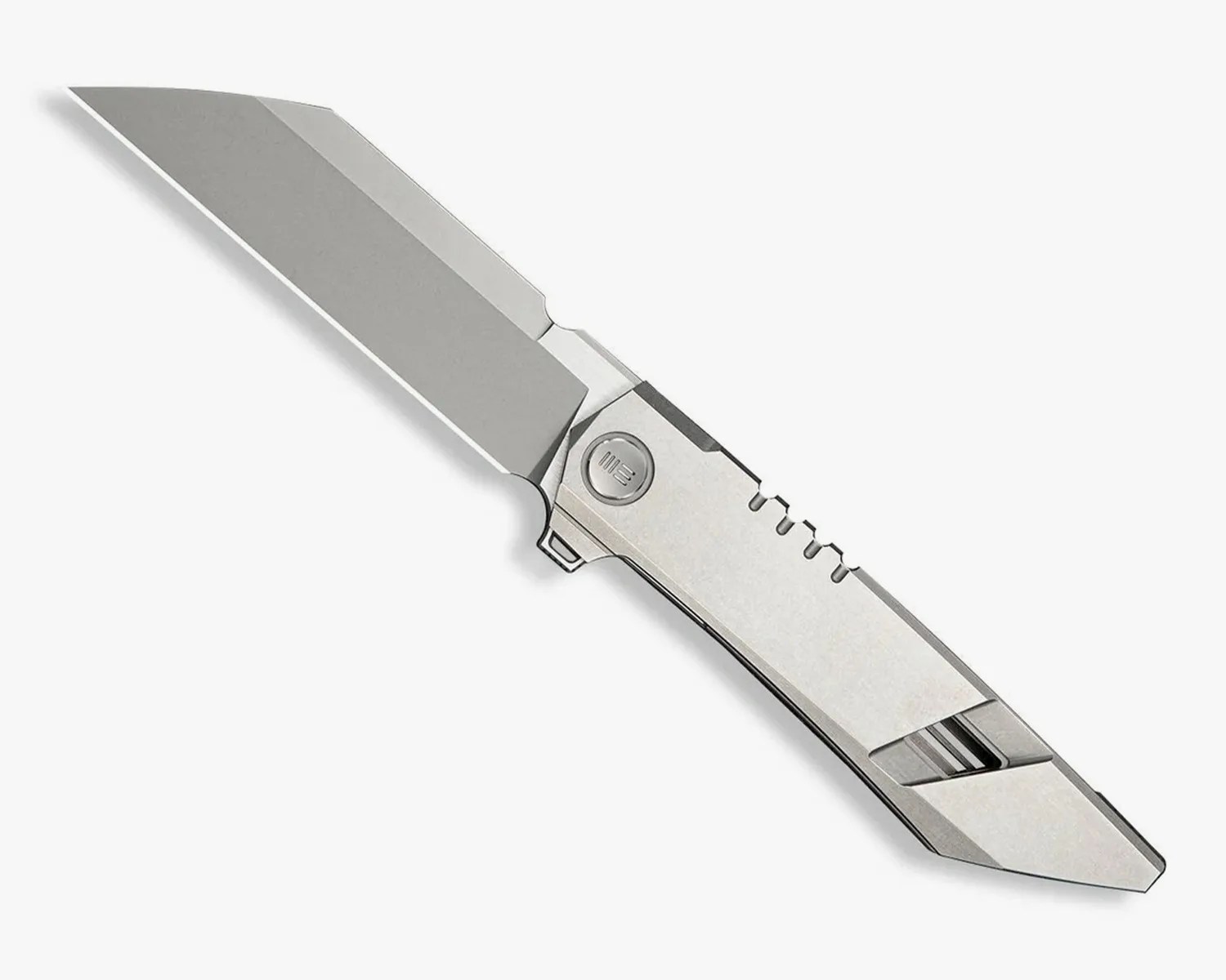 Silver folding knife with a straight-edged blade and a textured handle.