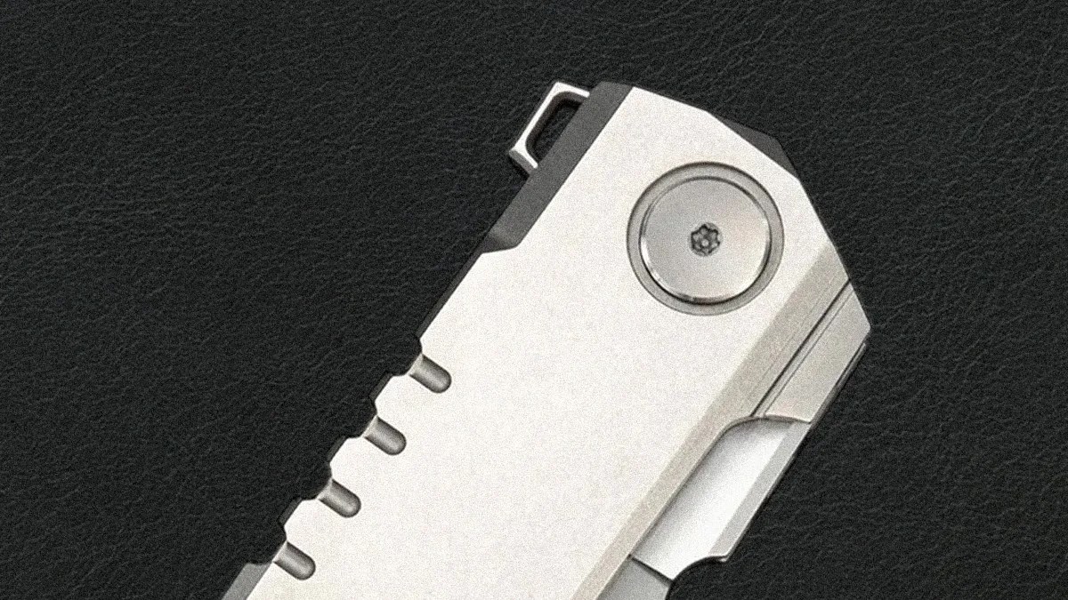 Close-up of a silver metal folding knife handle with a circular pivot screw on a black textured surface.