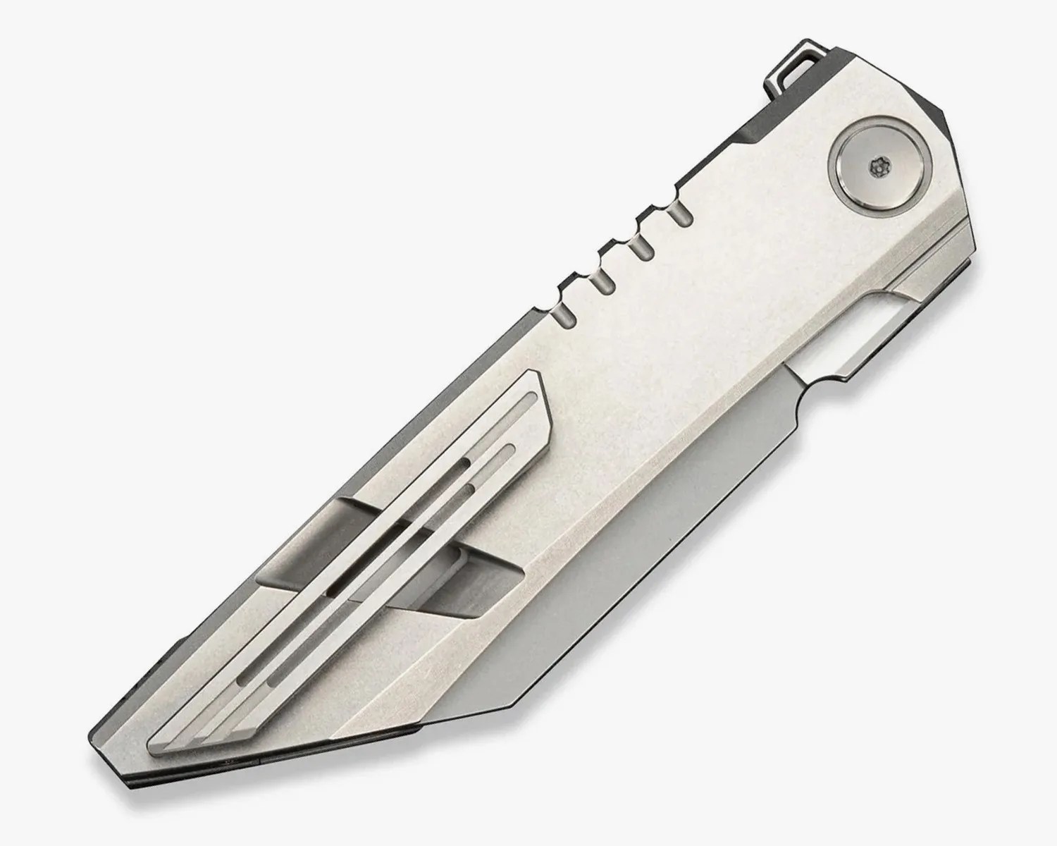 Closed silver folding pocket knife with a clip on one side.