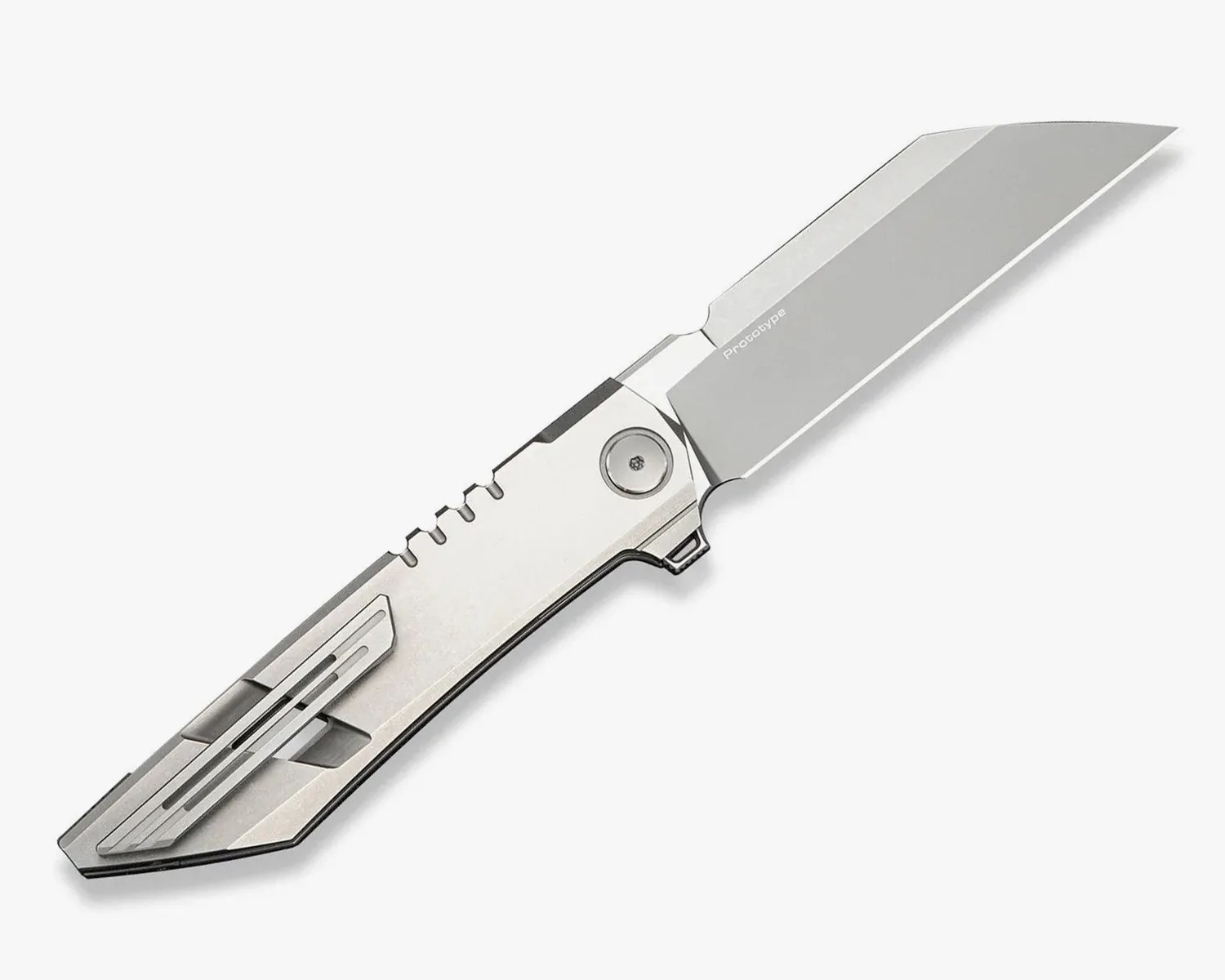 Folding knife with a silver metal handle and a straight-edged blade labeled "Prototype.