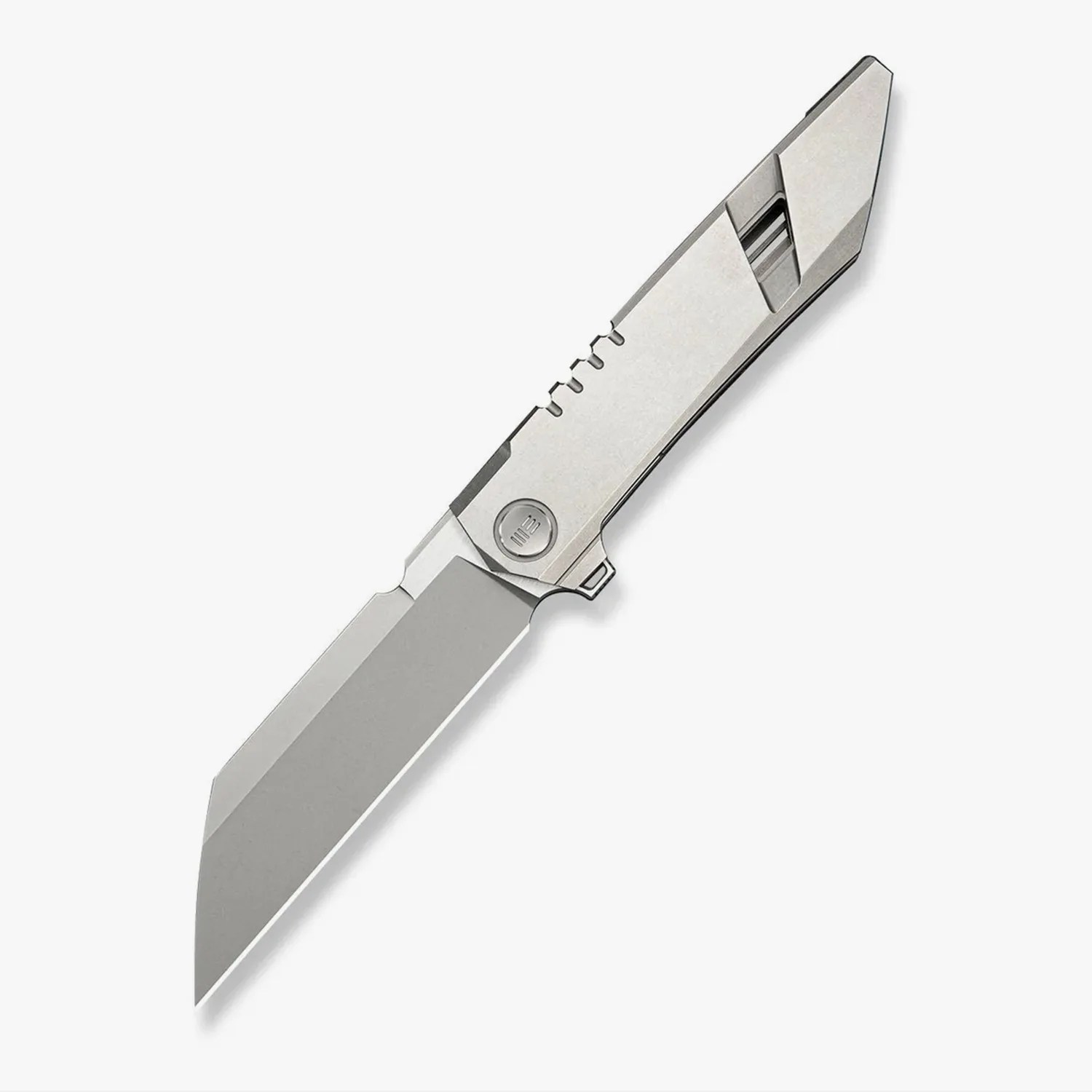Silver metal folding knife with a straight-edged blade and angular handle on a white background.