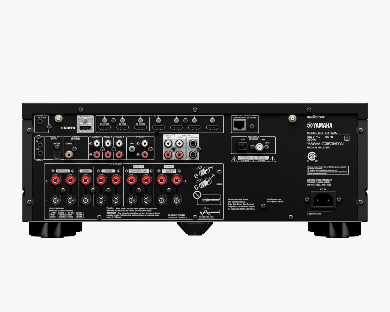 Rear panel of a black Yamaha RX-A2A audio-video receiver showing multiple HDMI ports, speaker terminals, audio inputs, and network connections.