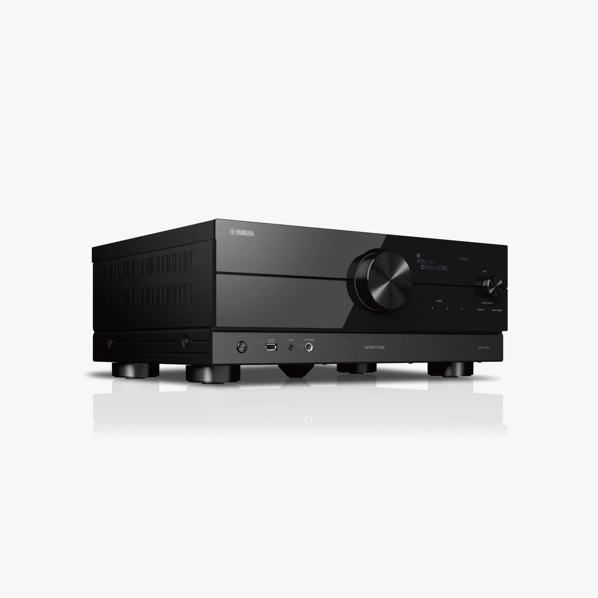 Black Yamaha Aventage RX-A2A AV receiver with large volume knob and digital display on front panel.