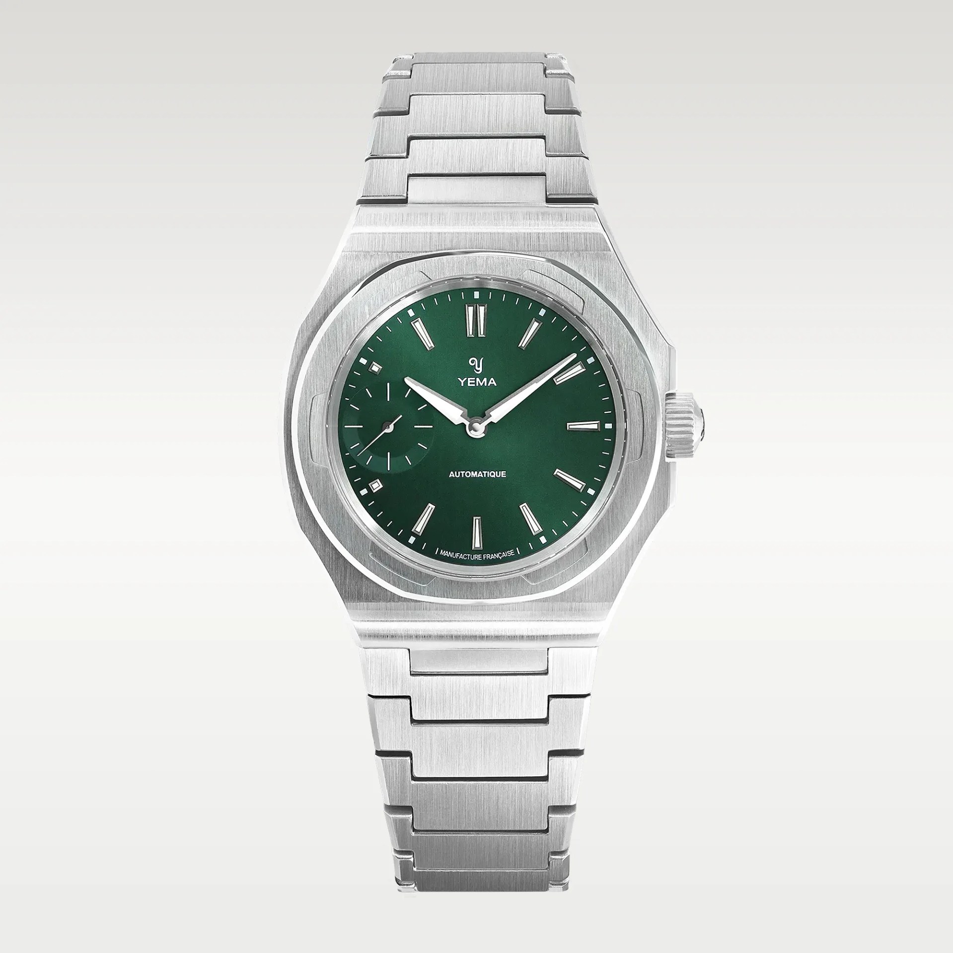 Stainless steel wristwatch with green dial, silver hour markers, and integrated metal bracelet.