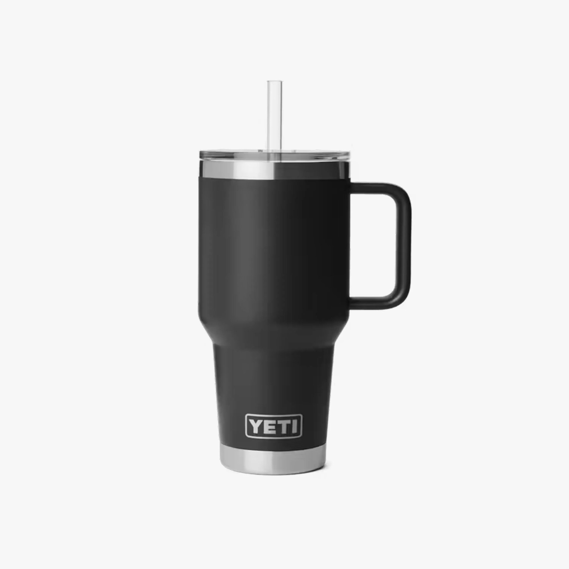 Black YETI insulated tumbler with handle, clear lid, and straw on a white background.