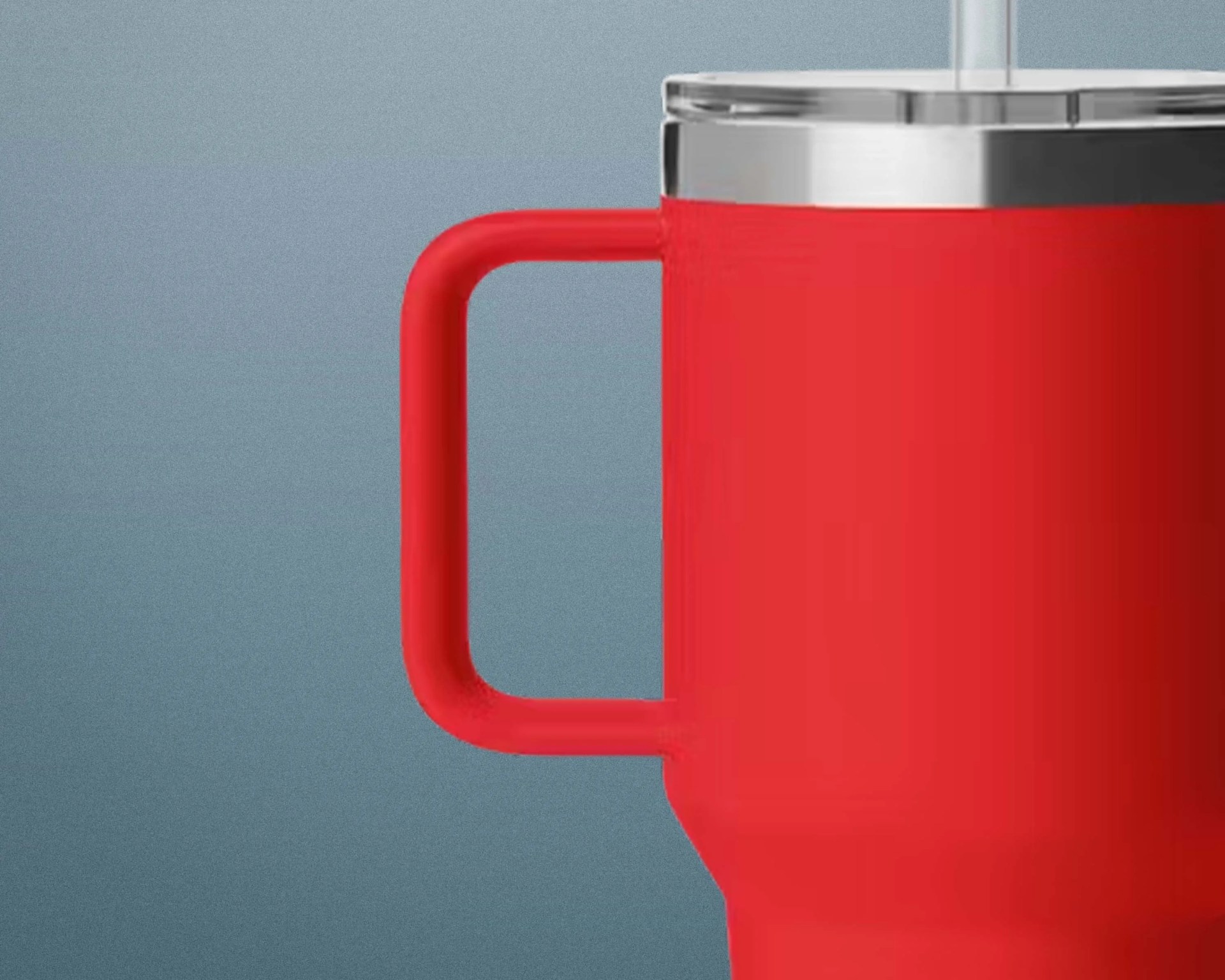 Red insulated travel mug with a rectangular handle and a stainless steel lid.