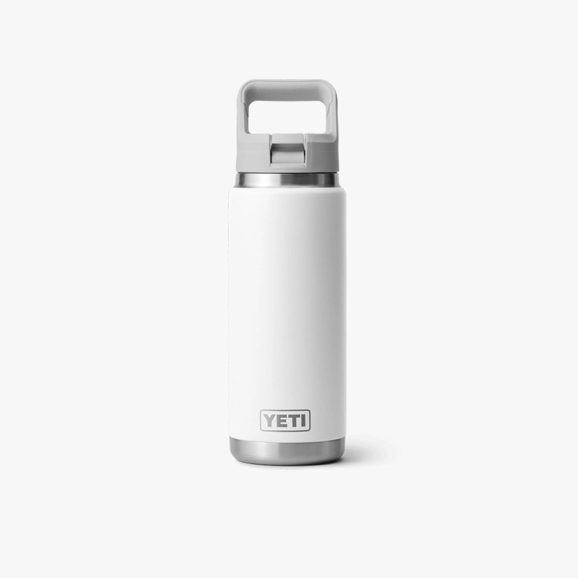 White YETI insulated water bottle with gray handle lid and stainless steel base on a white background.