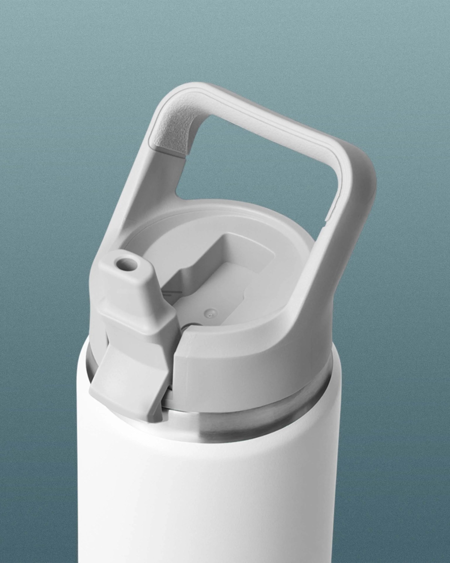 White insulated water bottle with a gray flip-top lid and a built-in carrying handle.