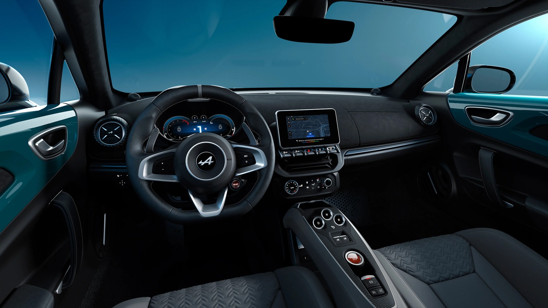 Interior of a modern car with a black leather steering wheel, digital dashboard, touchscreen display, and teal door panels.