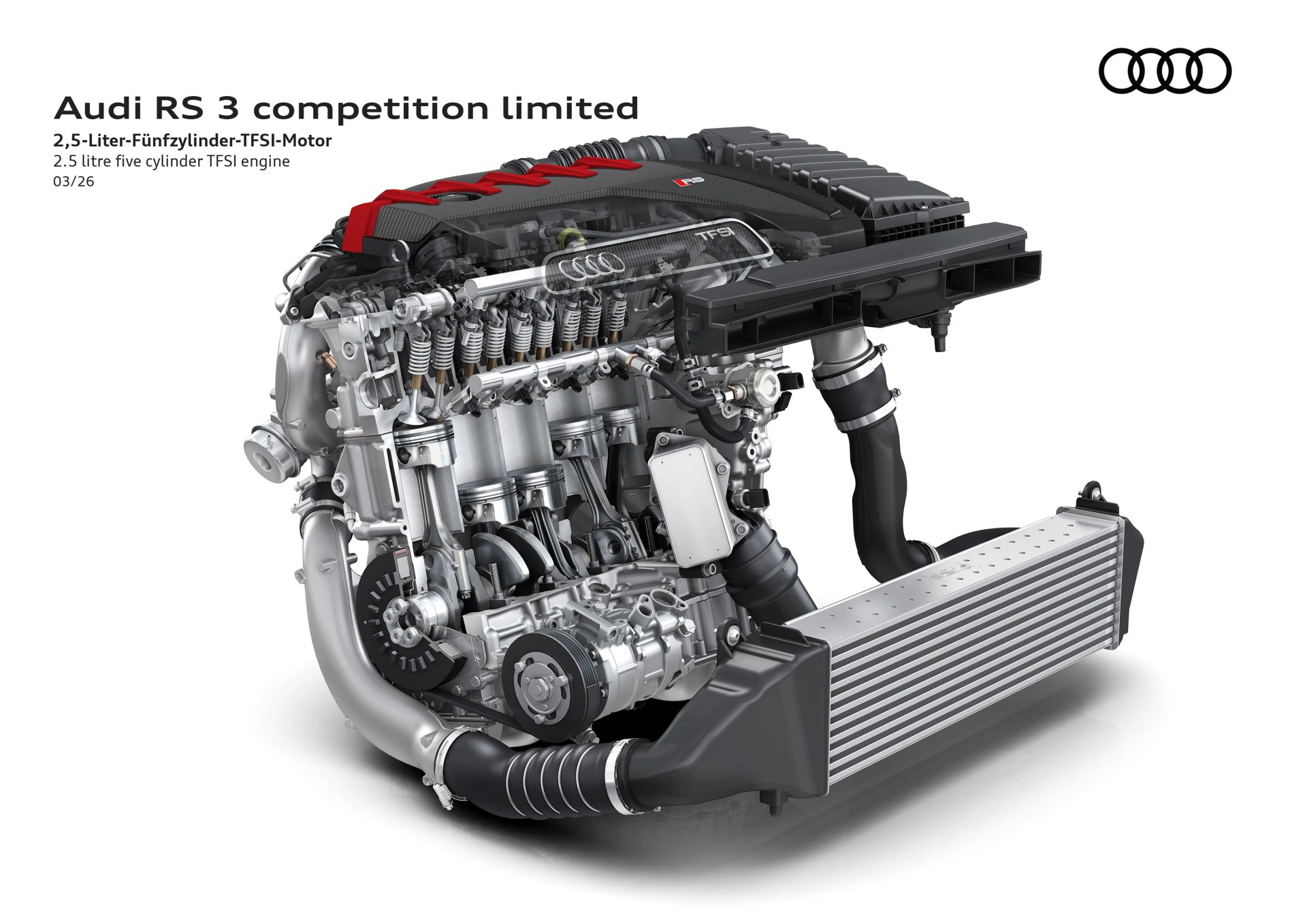 Audi RS 3 2.5-liter five-cylinder TFSI engine with visible pistons, valves, and intercooler on a white background.
