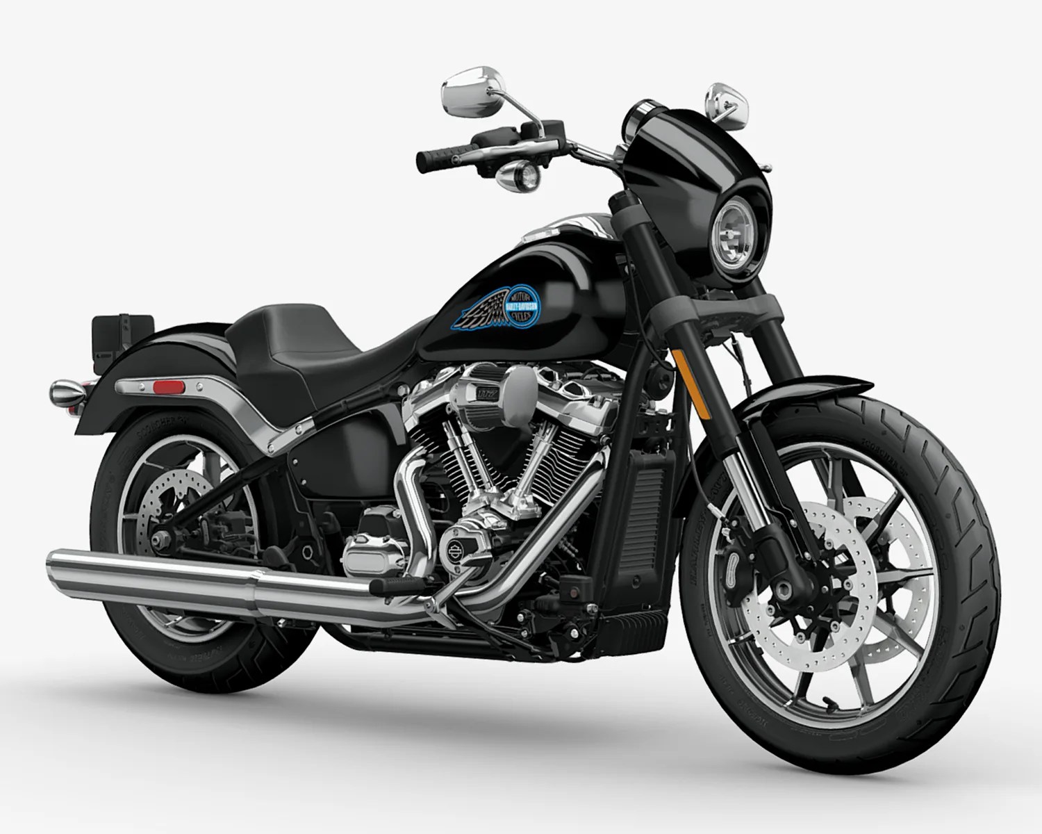Black Harley-Davidson motorcycle with chrome engine and exhaust, featuring a blue logo on the fuel tank.