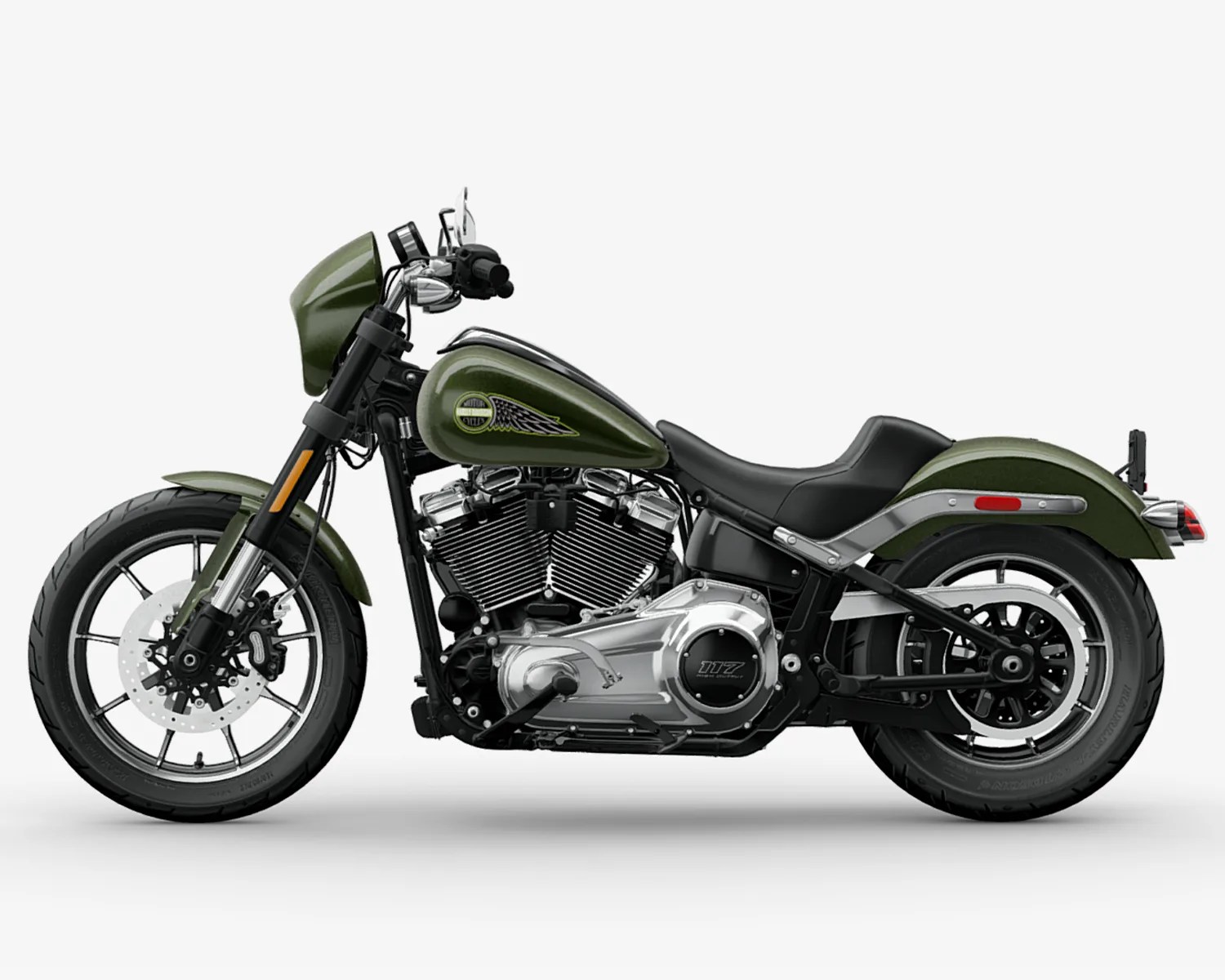 Olive green cruiser motorcycle with black seat, chrome engine, and black alloy wheels on a white background.