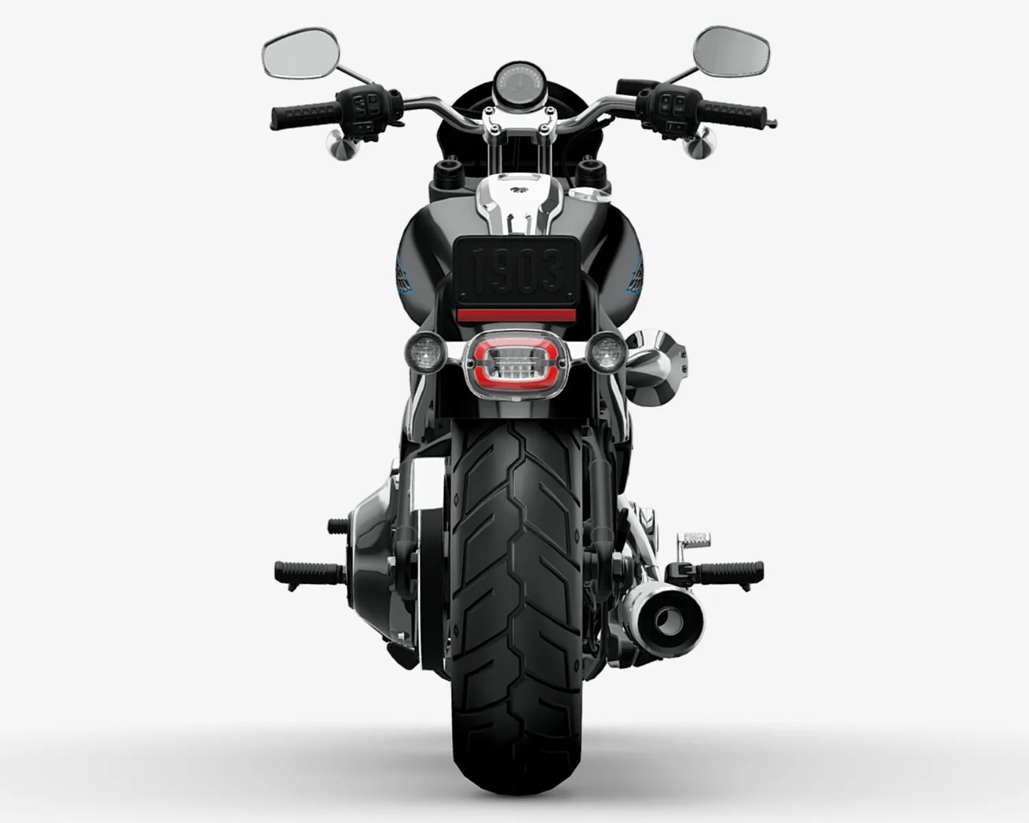 Rear view of a black motorcycle with wide rear tire, dual rear lights, and chrome exhaust pipe against a white background.