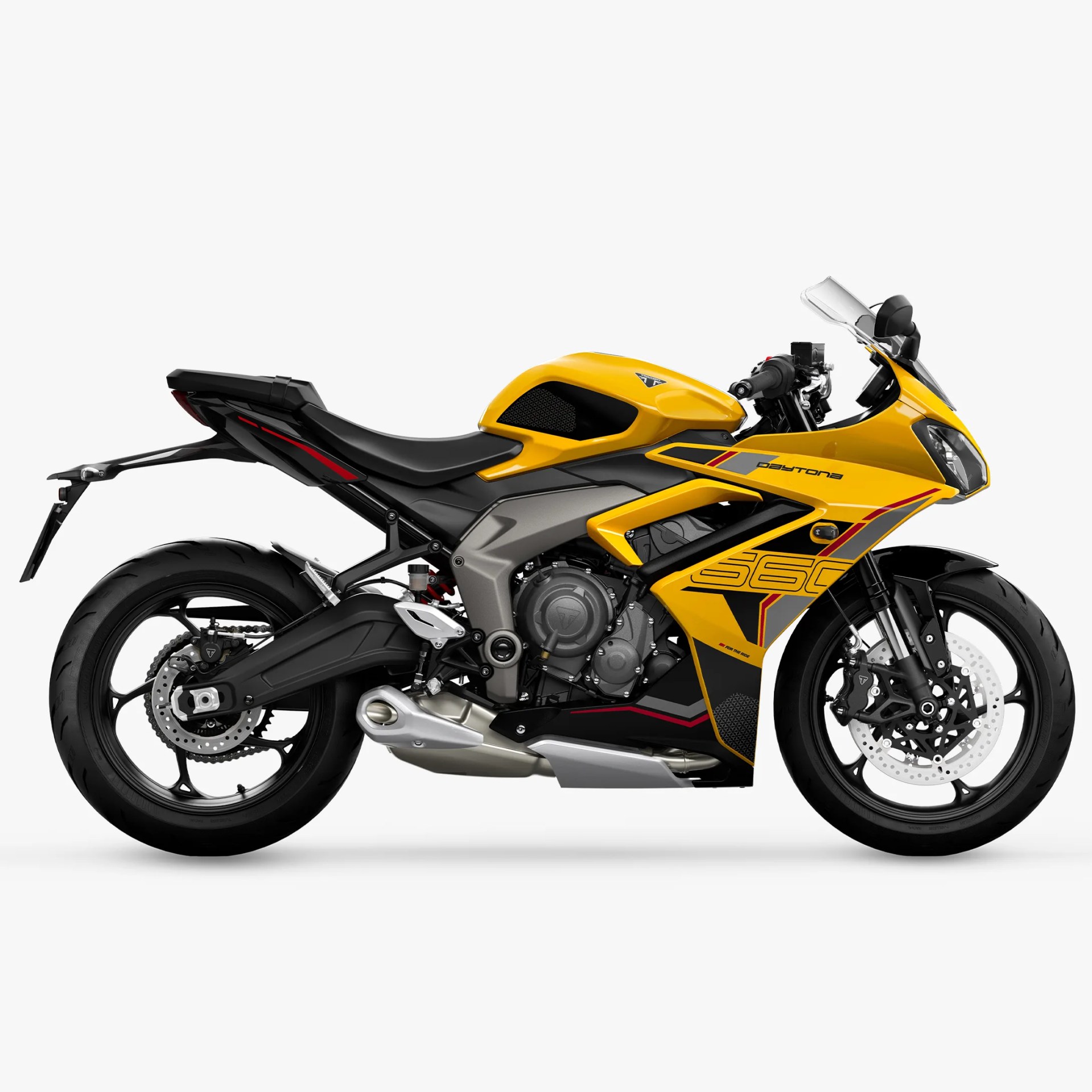 Yellow and black Triumph Daytona 765 sport motorcycle side view on white background.
