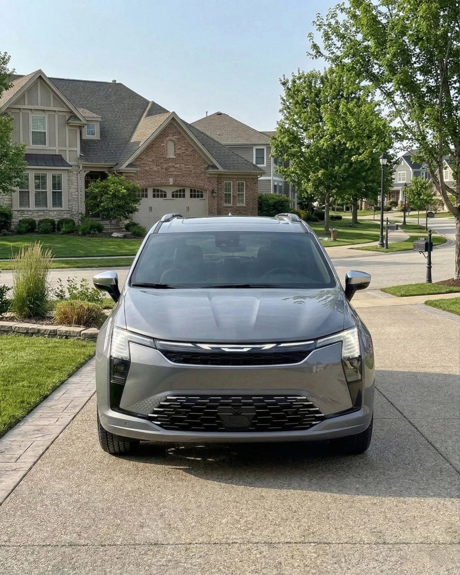 Front view of a silver modern SUV parked on a residential driveway with houses and trees in the background.