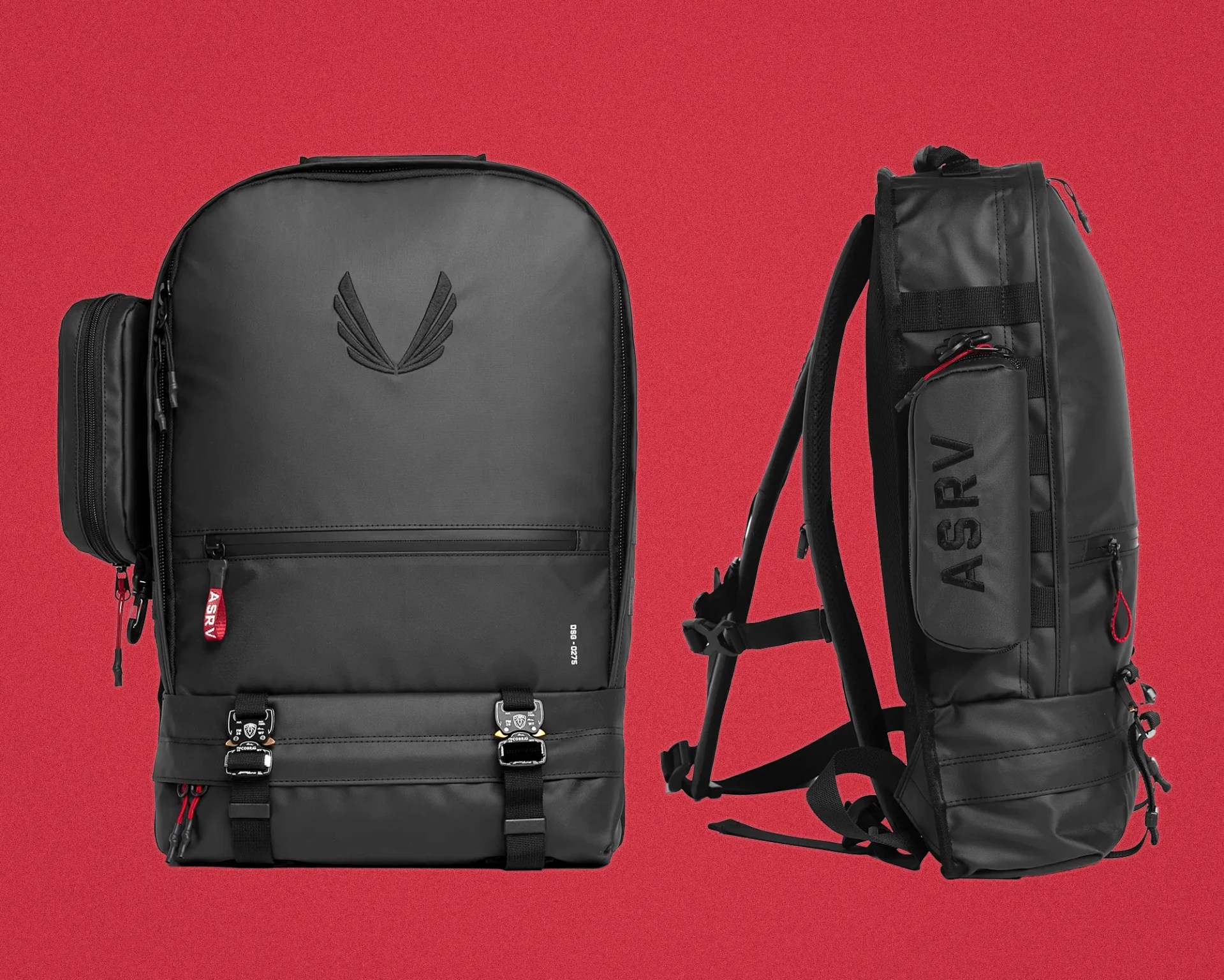 Black ASRV backpack with multiple zippered compartments and adjustable straps shown from front and side on red background.