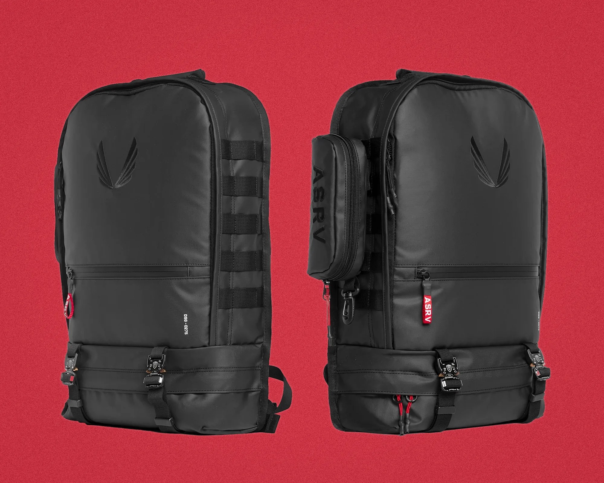 Two black ASRV backpacks with sleek designs, front zippers, side straps, and one with a detachable pouch, set against a red background.
