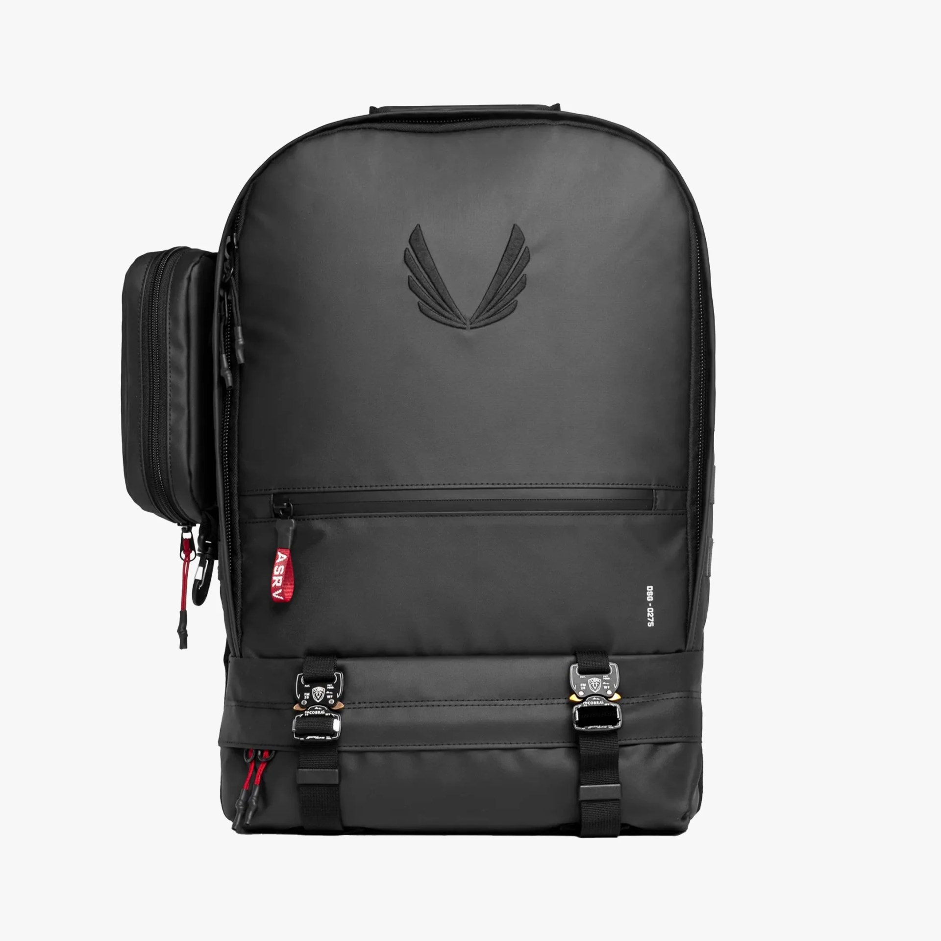 Black rectangular backpack with side pouch, front zipper pocket, and two metal buckle straps.