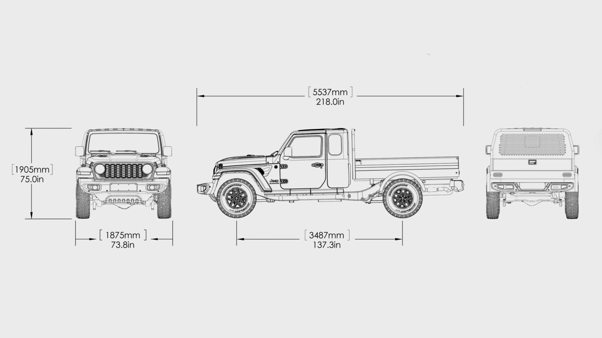 Technical drawing of a Jeep Gladiator pickup truck showing front, side, and rear views with dimensions in millimeters and inches.