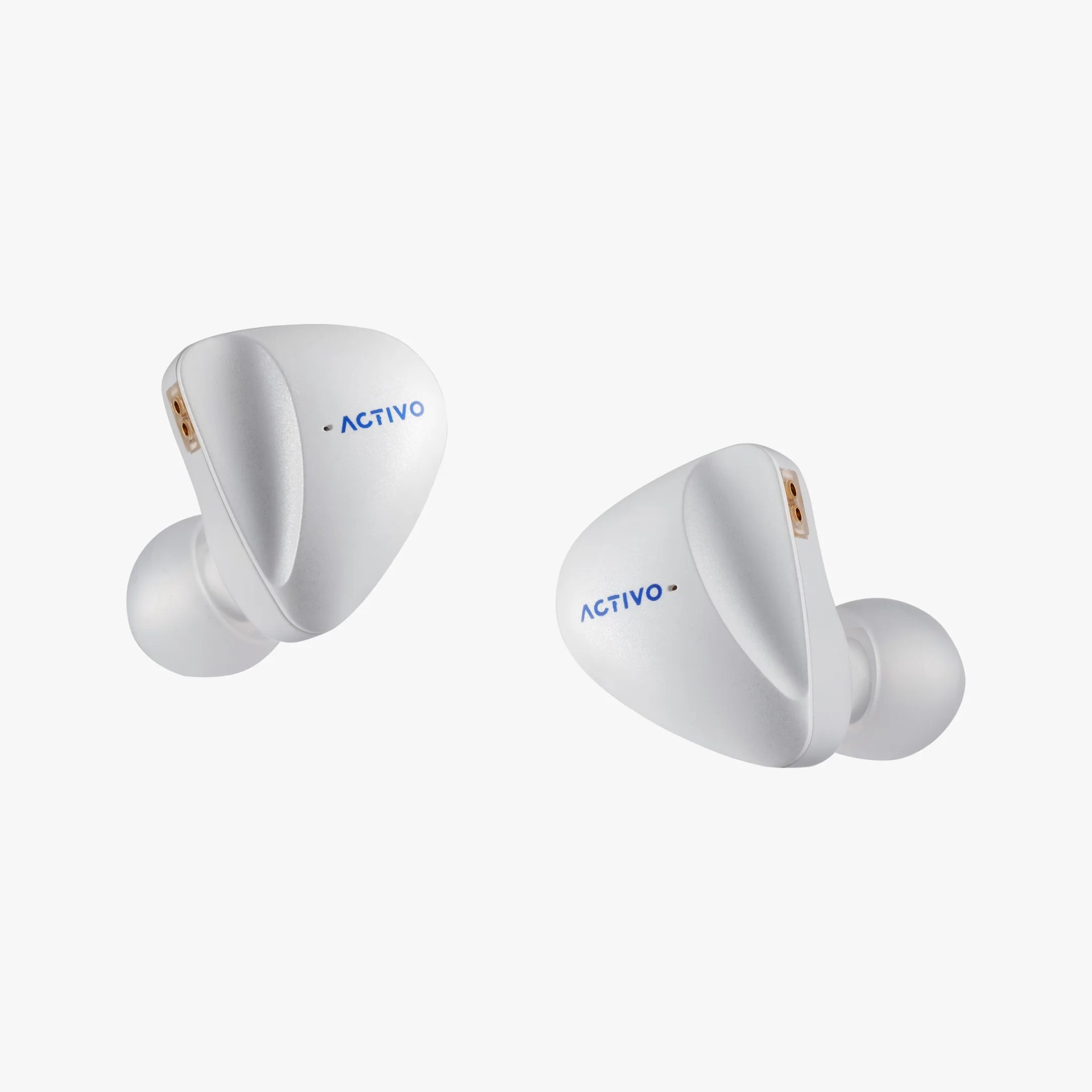 Pair of white Activo wireless earbuds with silicone ear tips and blue logo on a white background.