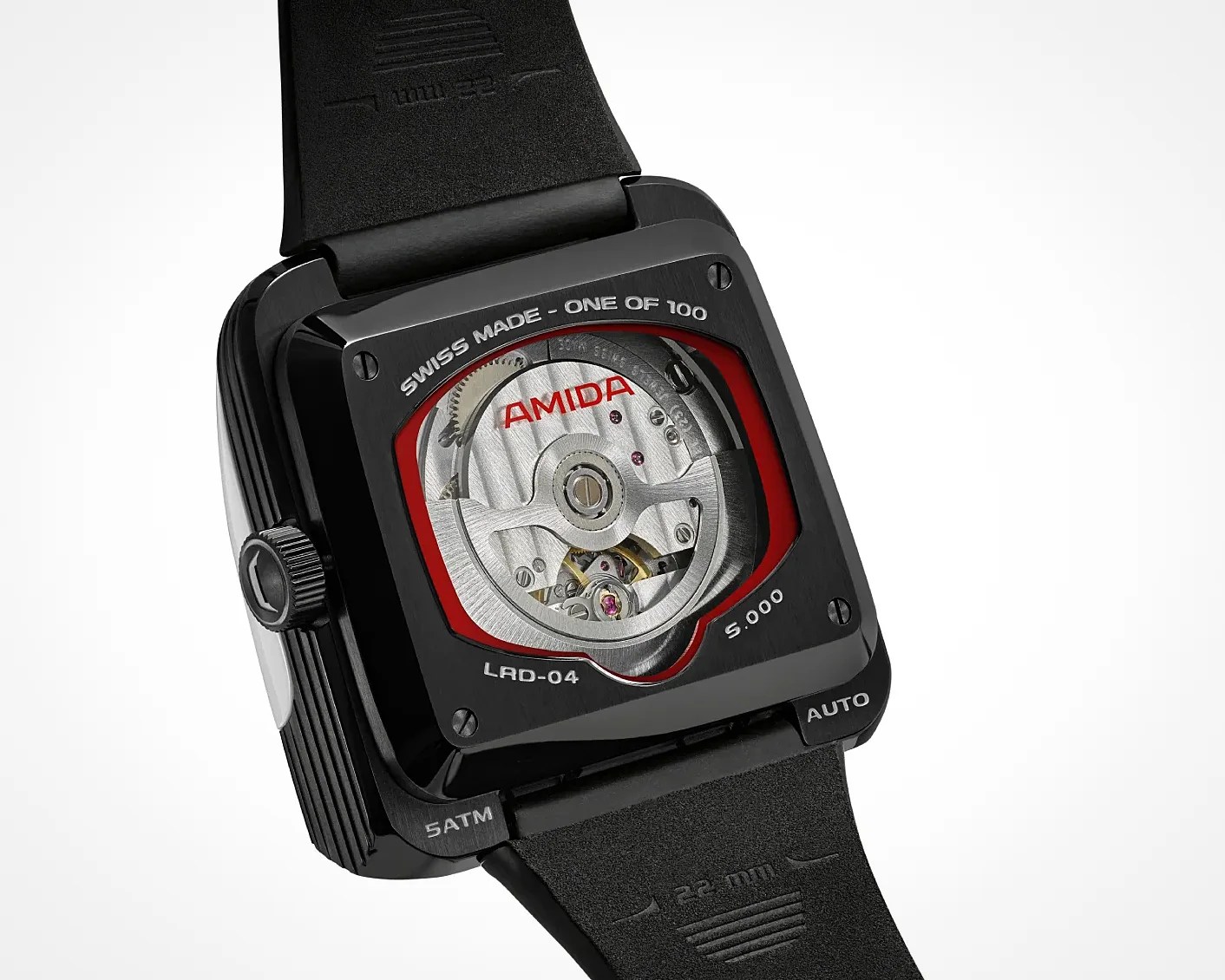 Black square Swiss-made wristwatch with visible mechanical movement and red accents, labeled "AMIDA" and "LRD-04".