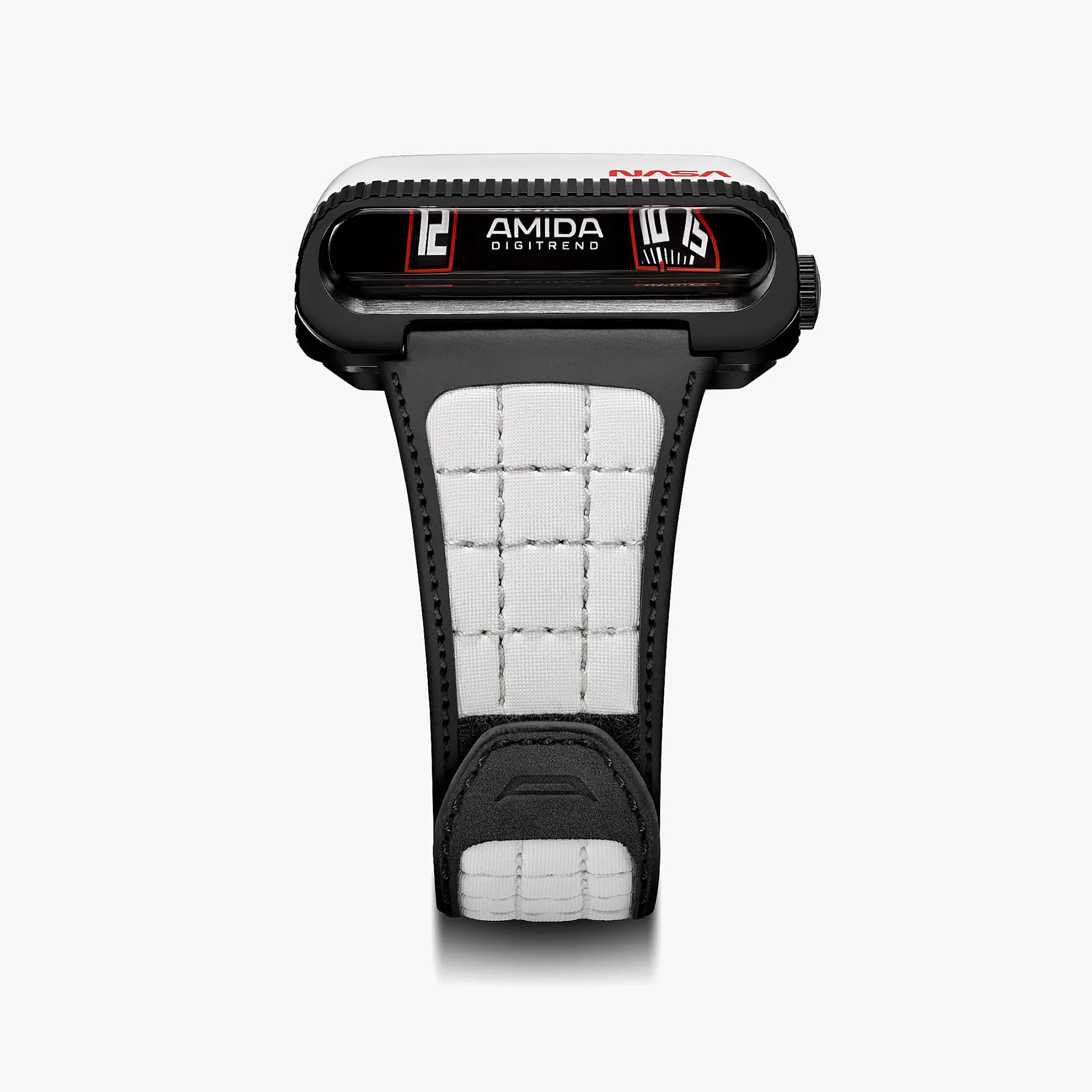Black and white Amida Digitrend NASA-themed digital watch with a quilted strap.