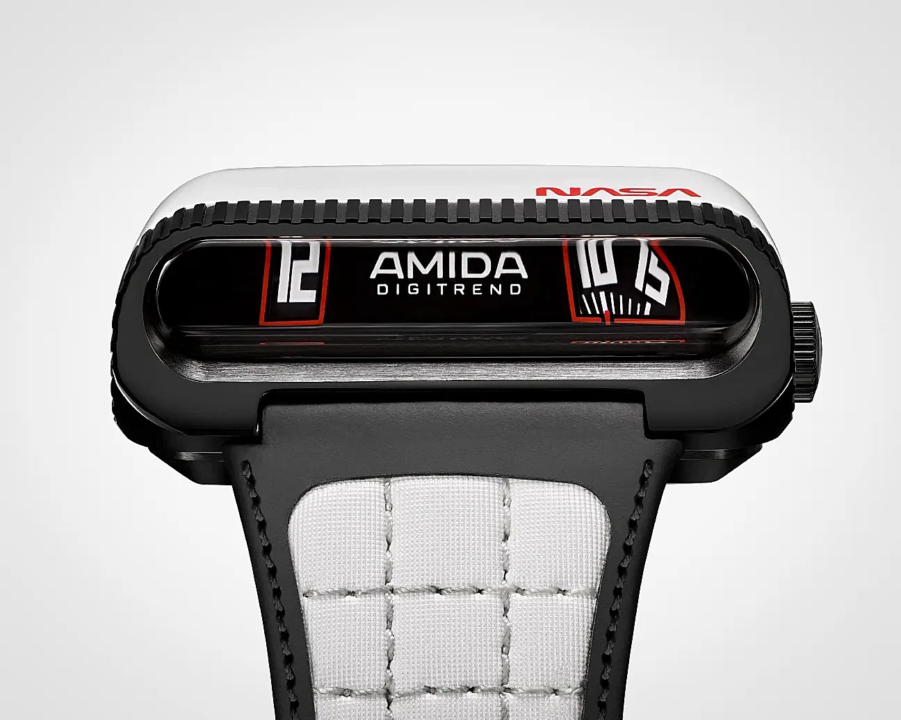 Black and white AMIDA Digittrend watch with a horizontal digital display and NASA logo on top.