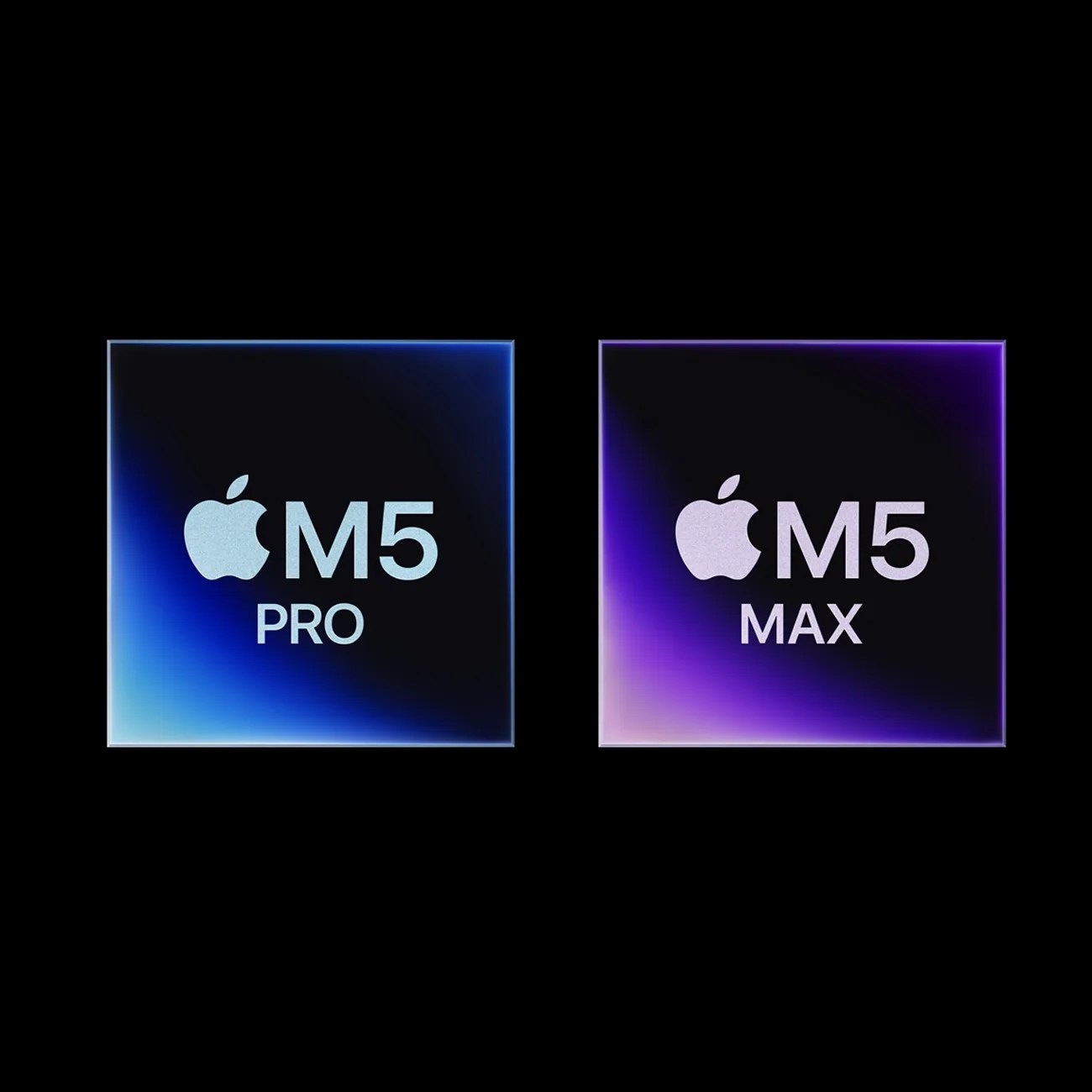 Two square icons with gradient backgrounds, one blue labeled "Apple M5 Pro" and one purple labeled "Apple M5 Max.
