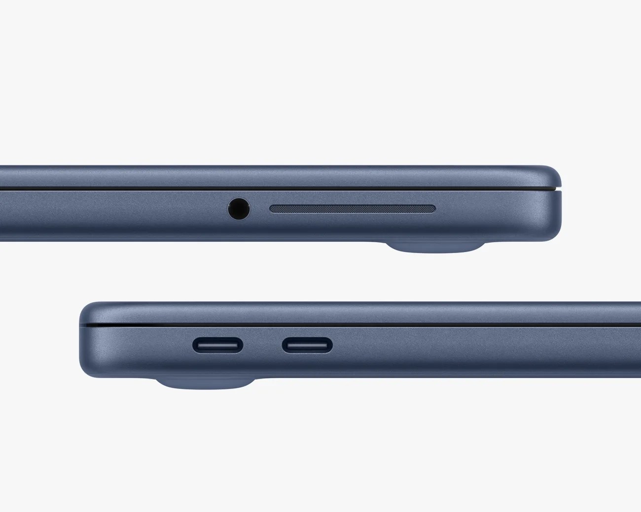 Two close-up side views of a closed blue laptop showing a headphone jack and speaker grille on one side and two USB-C ports on the other.