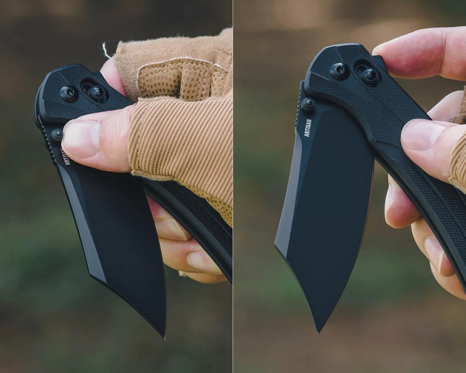 Two close-up views of a black folding knife with a textured handle held in a hand wearing a tan tactical glove.