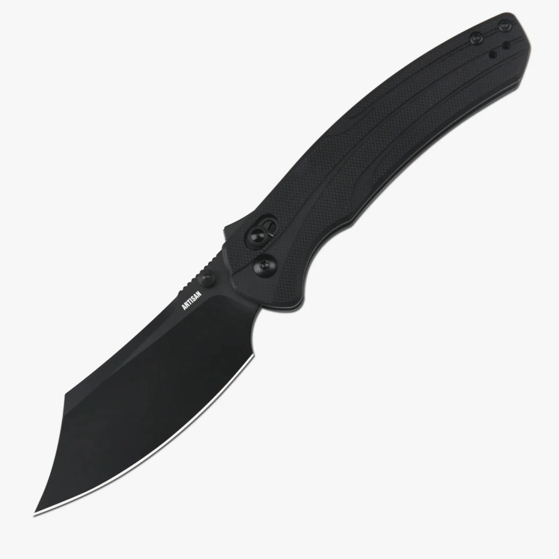 Black folding knife with textured handle and curved blade marked "ARTISAN.