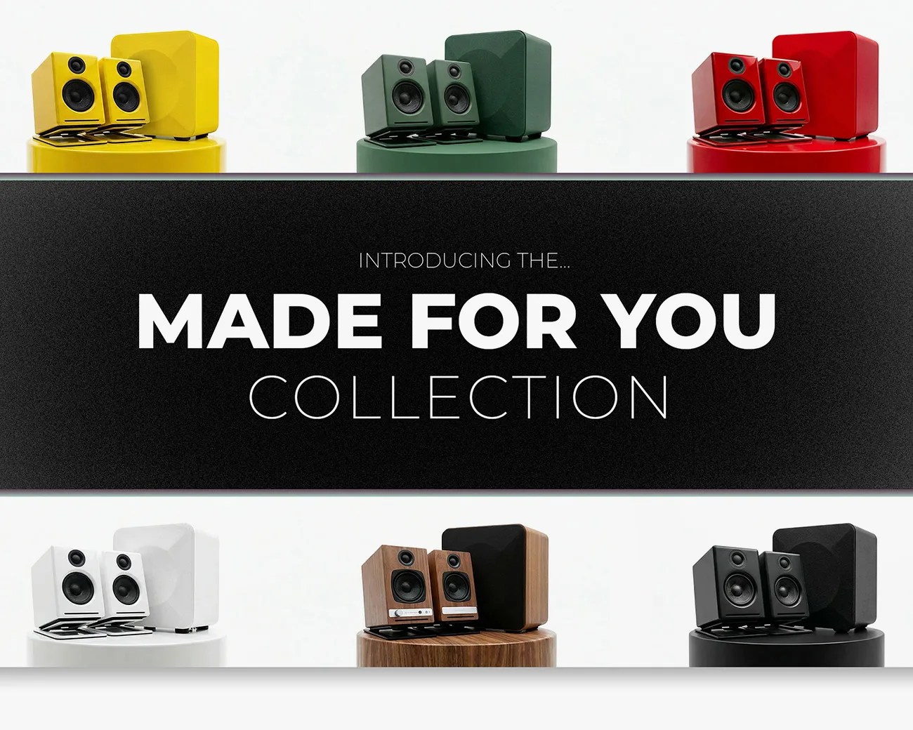 Six pairs of bookshelf speakers and subwoofers in yellow, green, red, white, wood finish, and black colors arranged around text "Made For You Collection.