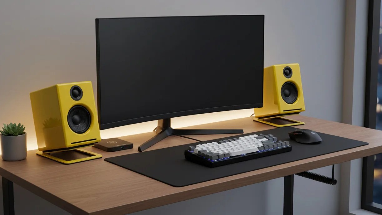 Curved black monitor on a wooden desk with yellow speakers, a mechanical keyboard, mouse, and small potted plant.