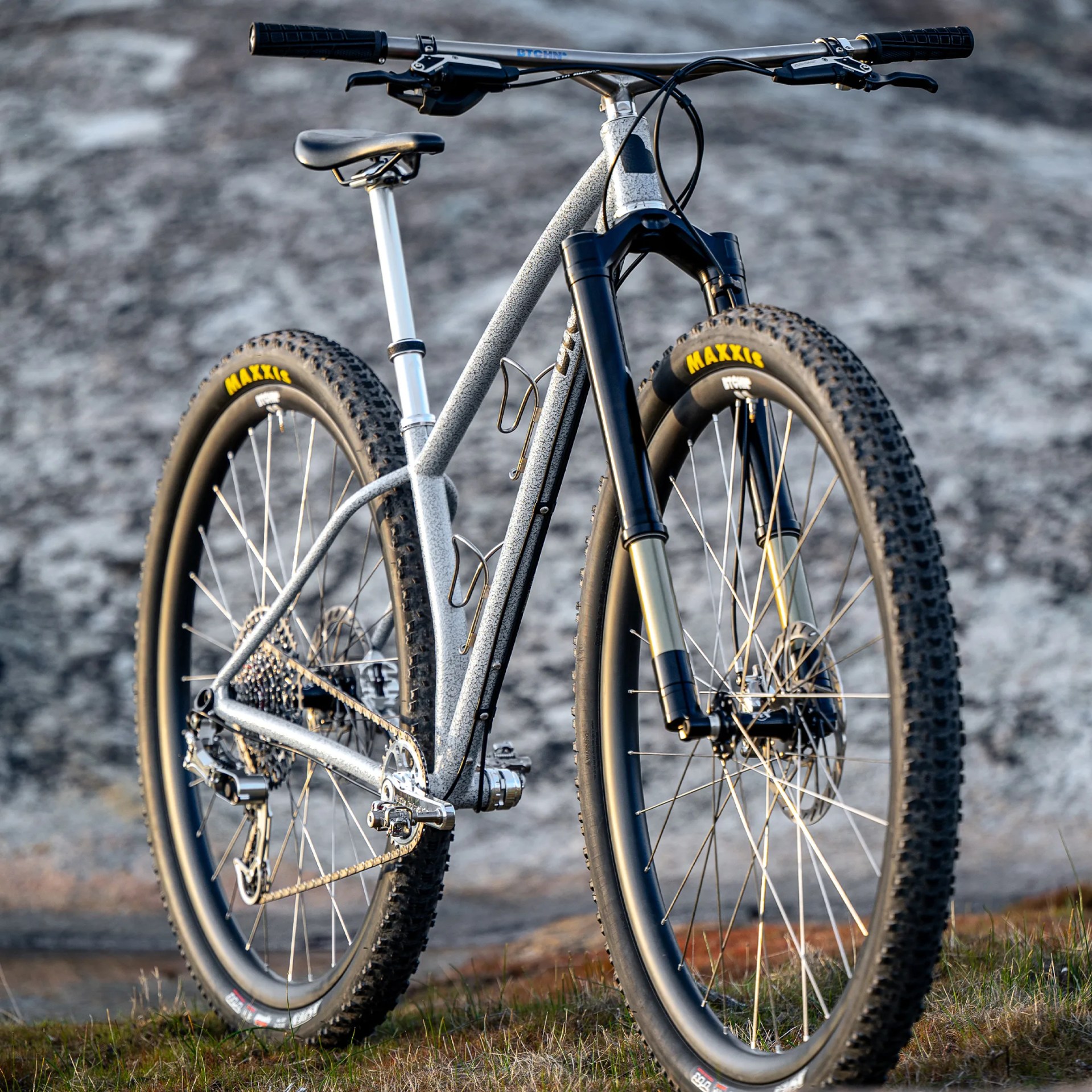 Gray speckled mountain bike with black suspension fork and Maxxis tires on grass.