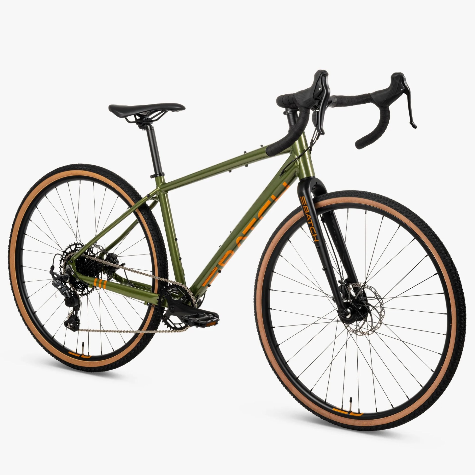 Olive green gravel bike with black drop handlebars and tan sidewall tires on a white background.