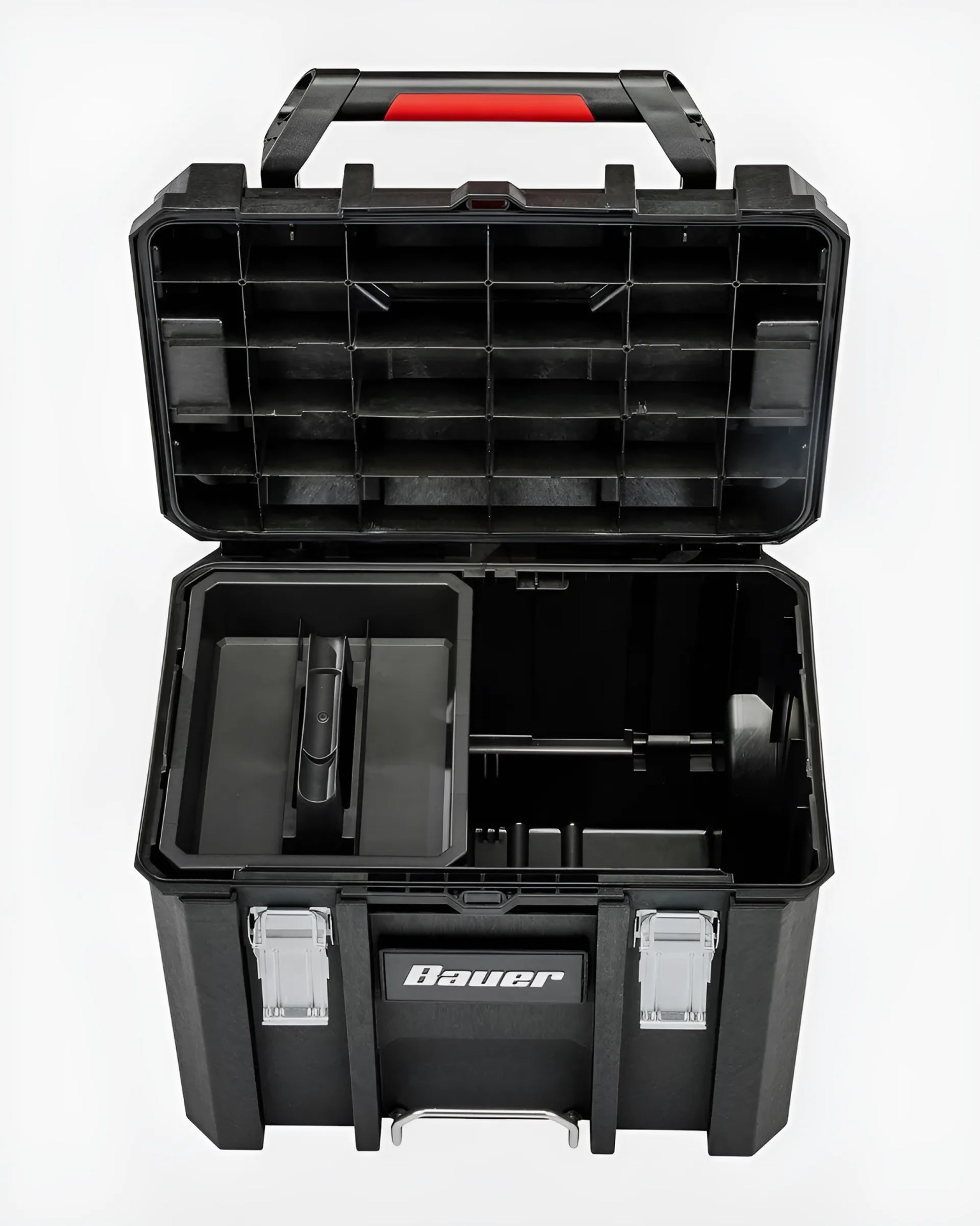 Black Bauer plastic toolbox with open lid showing multiple compartments and a red-accented handle.