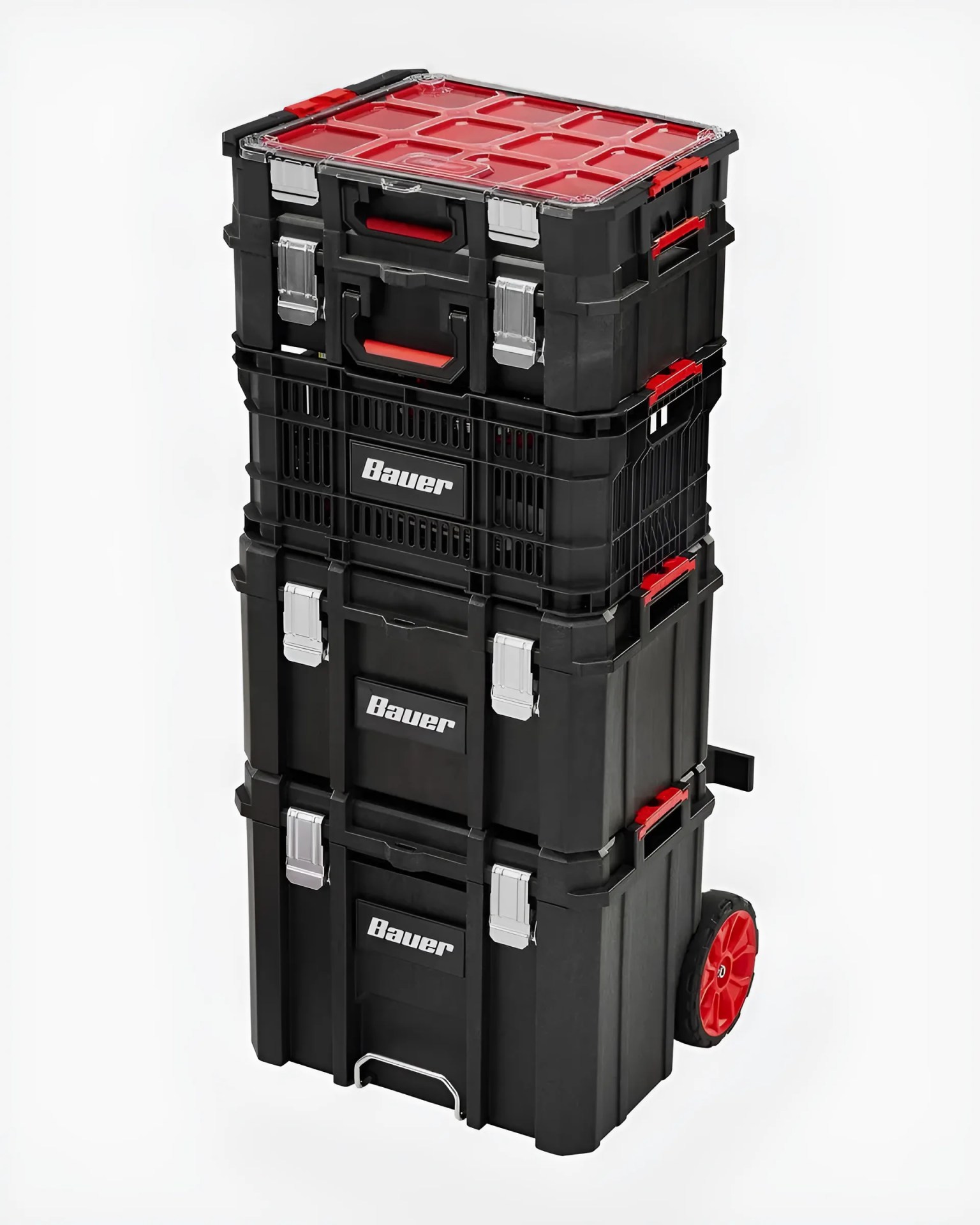Stacked black and red Bauer rolling toolboxes with metal latches and a clear lid on the top box.