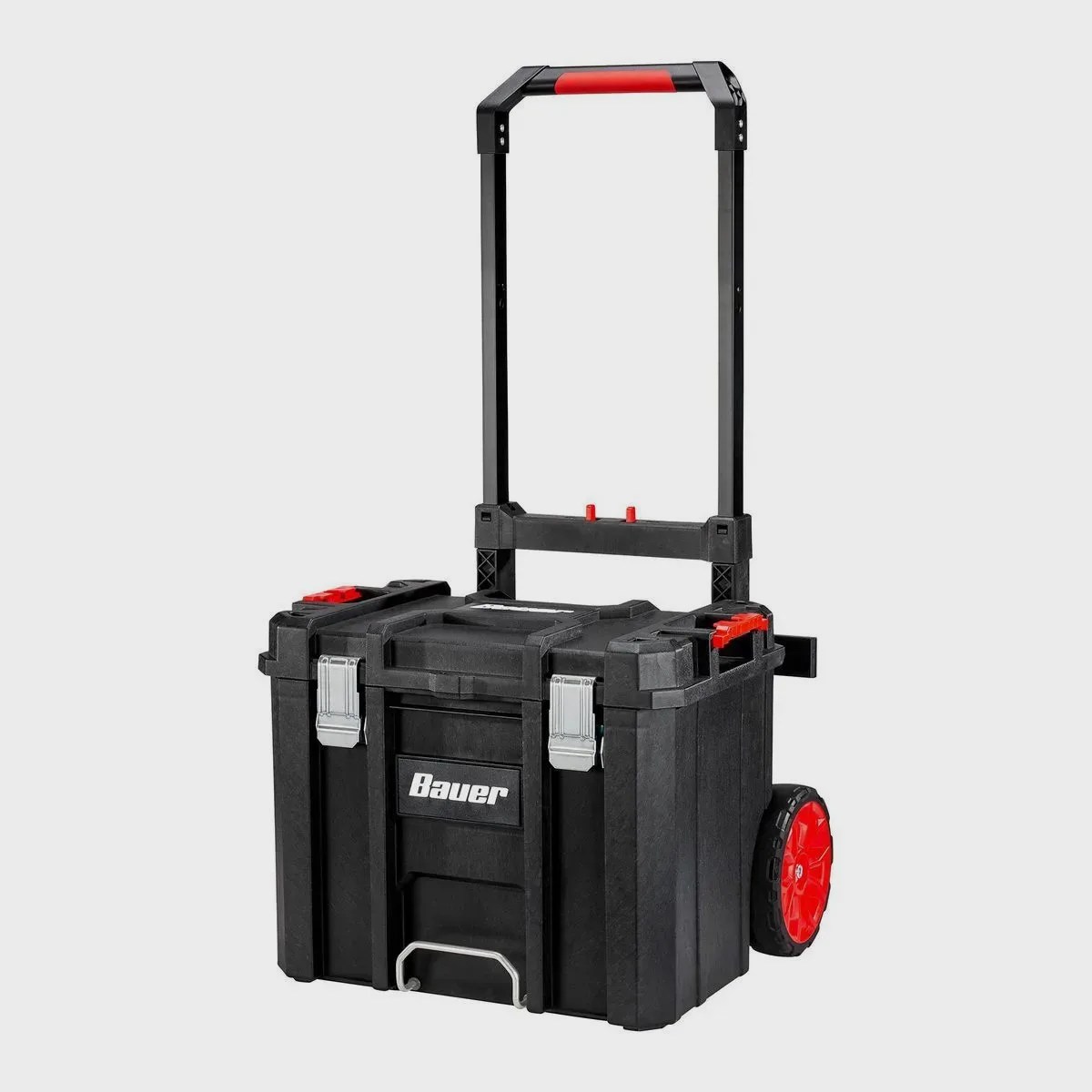 Black and red wheeled tool storage box with extendable handle and metal latches labeled "Bauer.