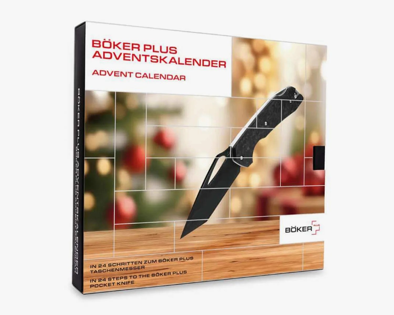 Boxed Böker Plus Advent calendar featuring a black pocket knife on a wooden surface with blurred festive background.